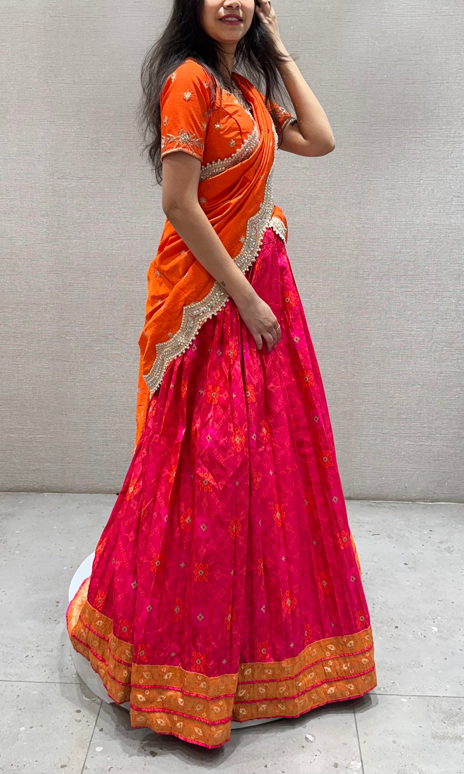 Orange golden lase embroidery lehenga