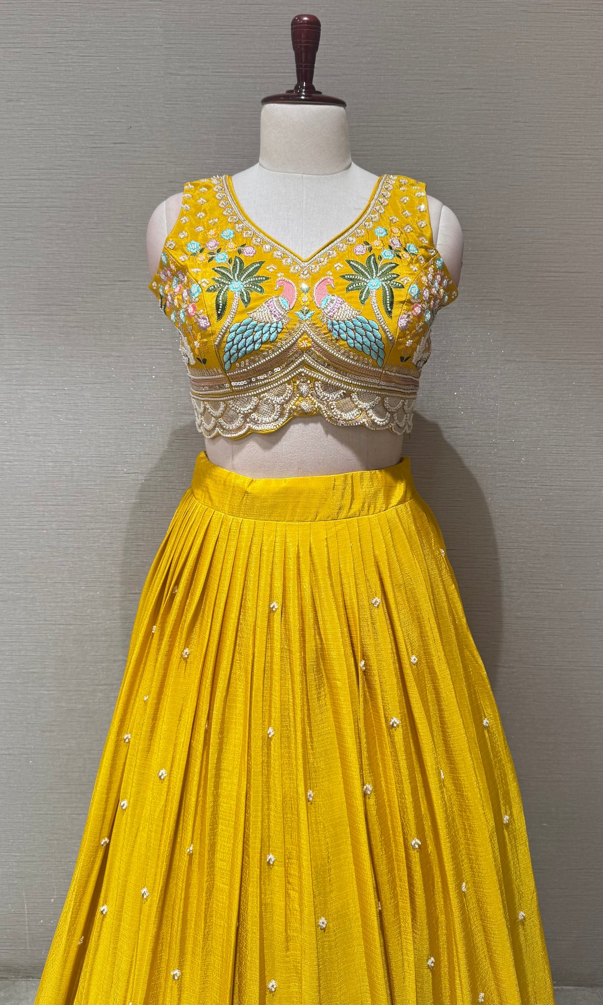 Yellow Tissue silk Lehenga with Peacock & Floral Embroidery