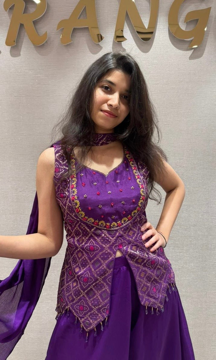 Purple palazzo Set with Layered Jacket Style Blouse