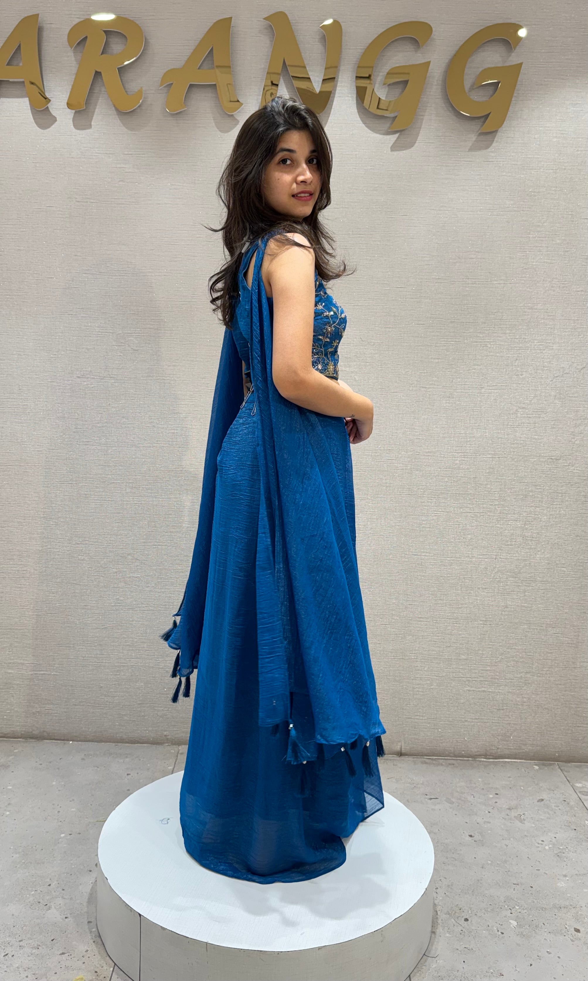Peacock Blue Embroidered Draped Skirt