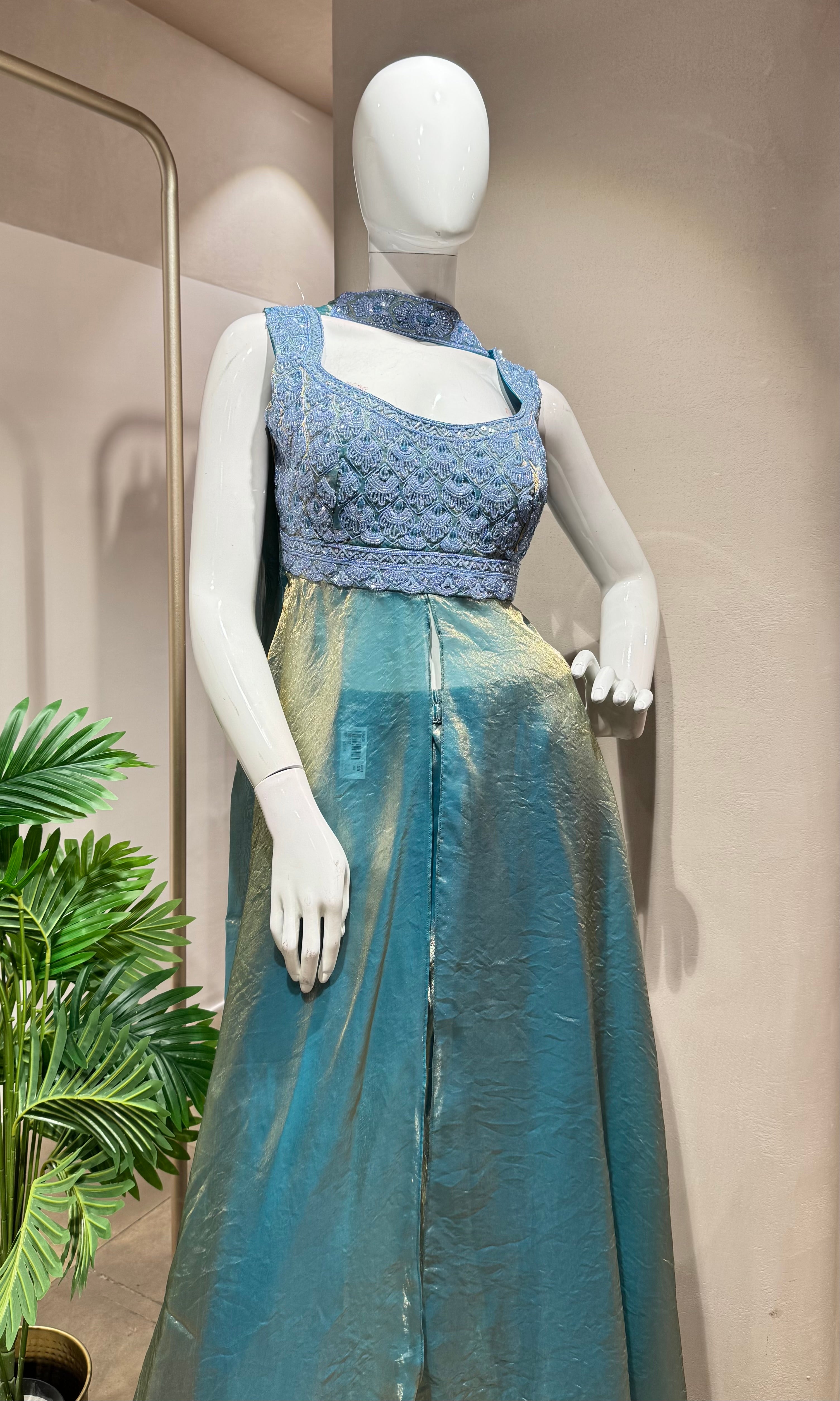 SEA BLUE  A LINE SHIMMER TISSUE PALAZZO SET