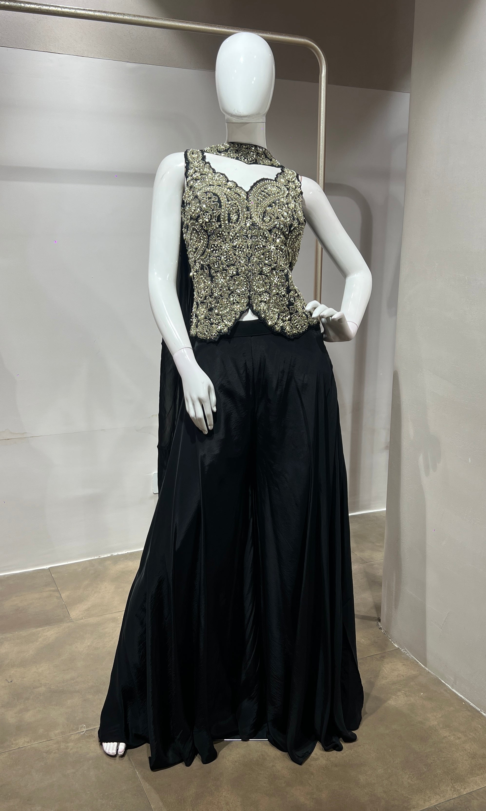 Black embroidered corset style palazzo set