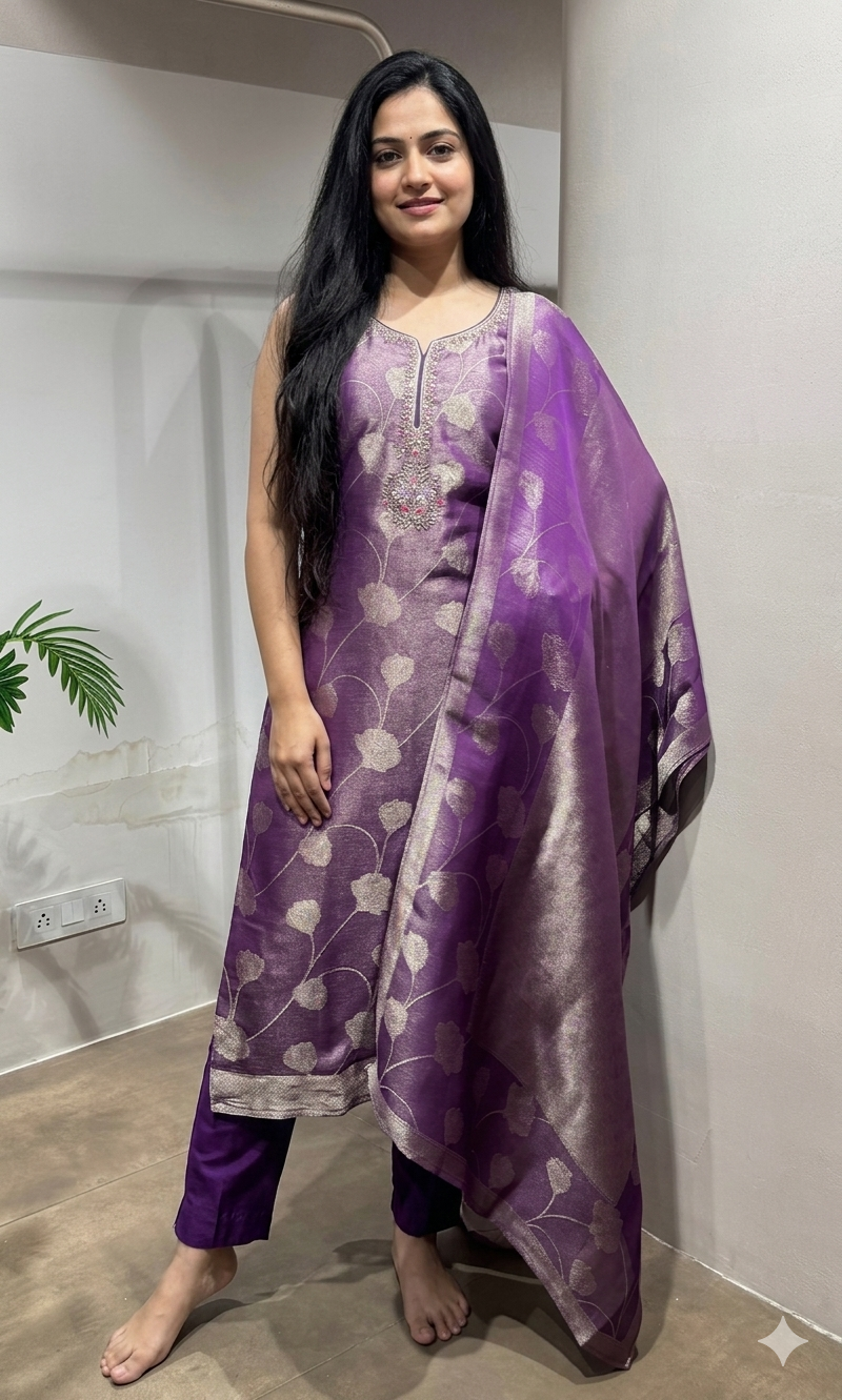 purple and gold Banarasi ethnic kurta set