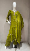 Mehandi Green Silk golden Anarkali set with dupatta