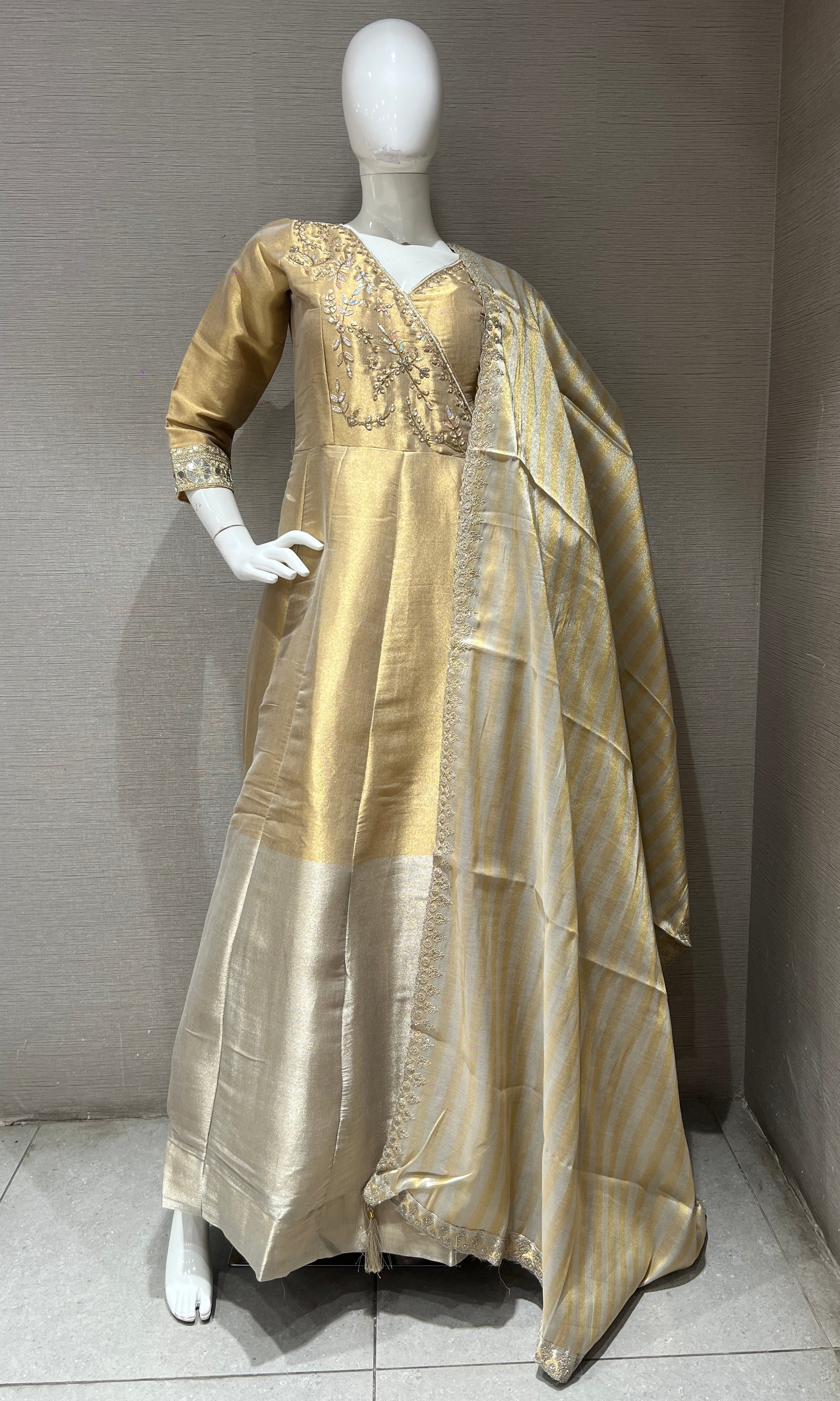Gold Embroidered Silk Anarkali Gown with Matching Dupatta