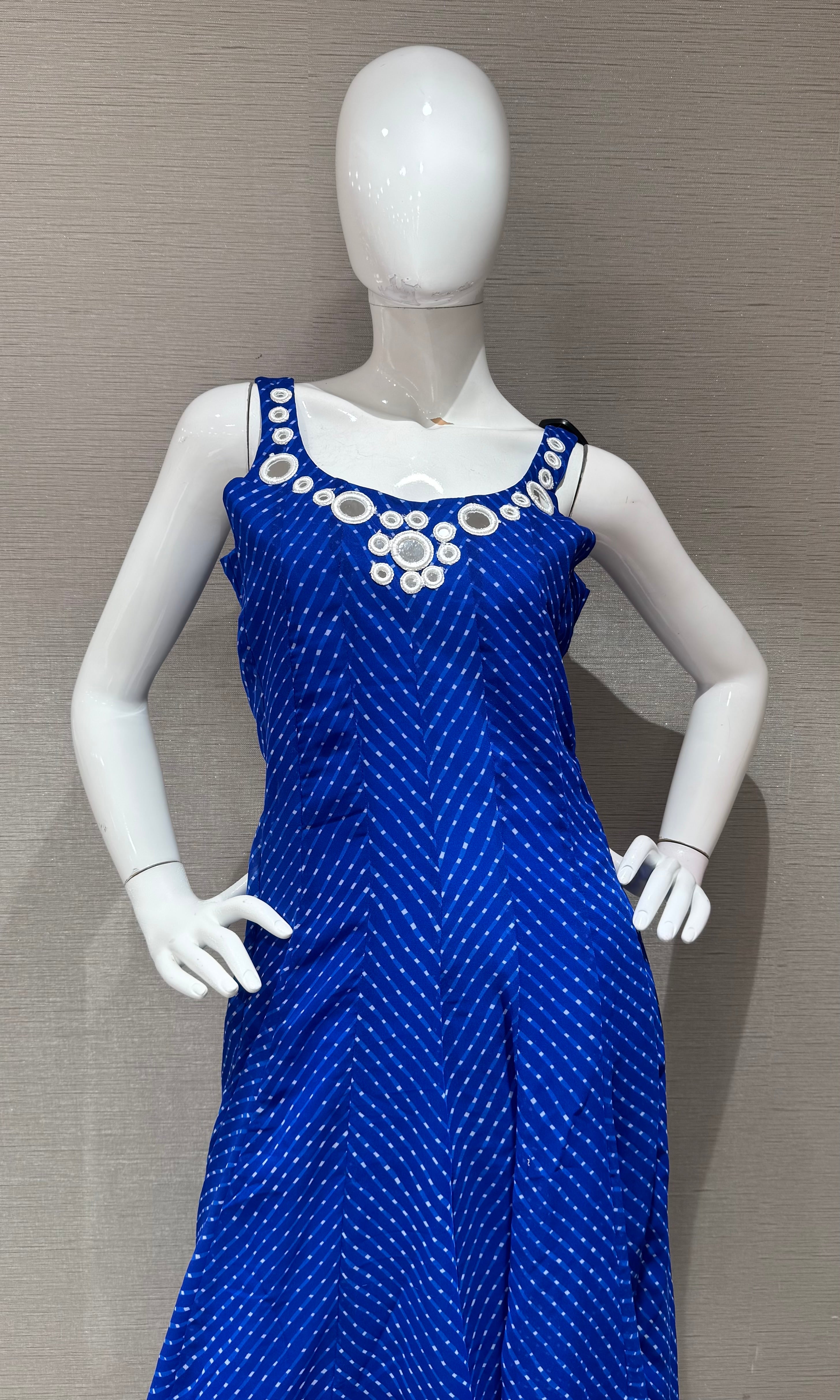 Blue bandhani print and intricate mirror anarkali set