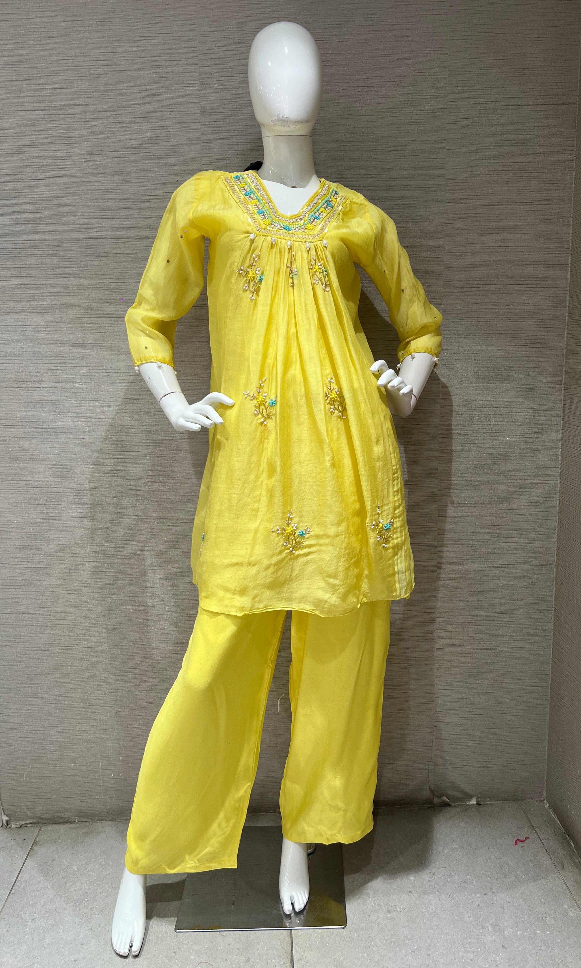 Yellow Long Sleeve Tunic Kurti with botttom