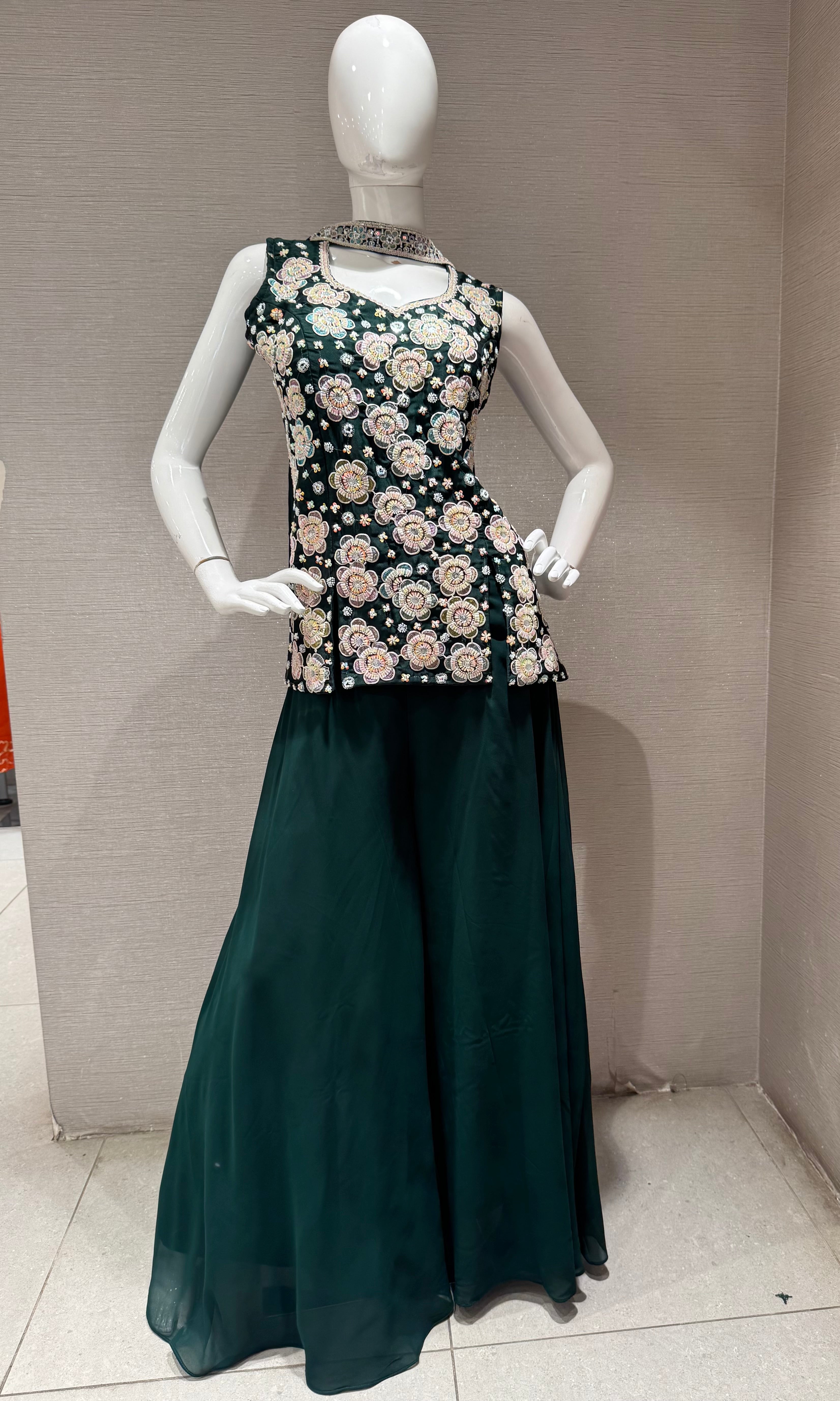 Bottel Green Floral Embroidered Palazzo Set