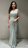 GREEN EMBELLISHED DRAPE SAREE WITH BELT