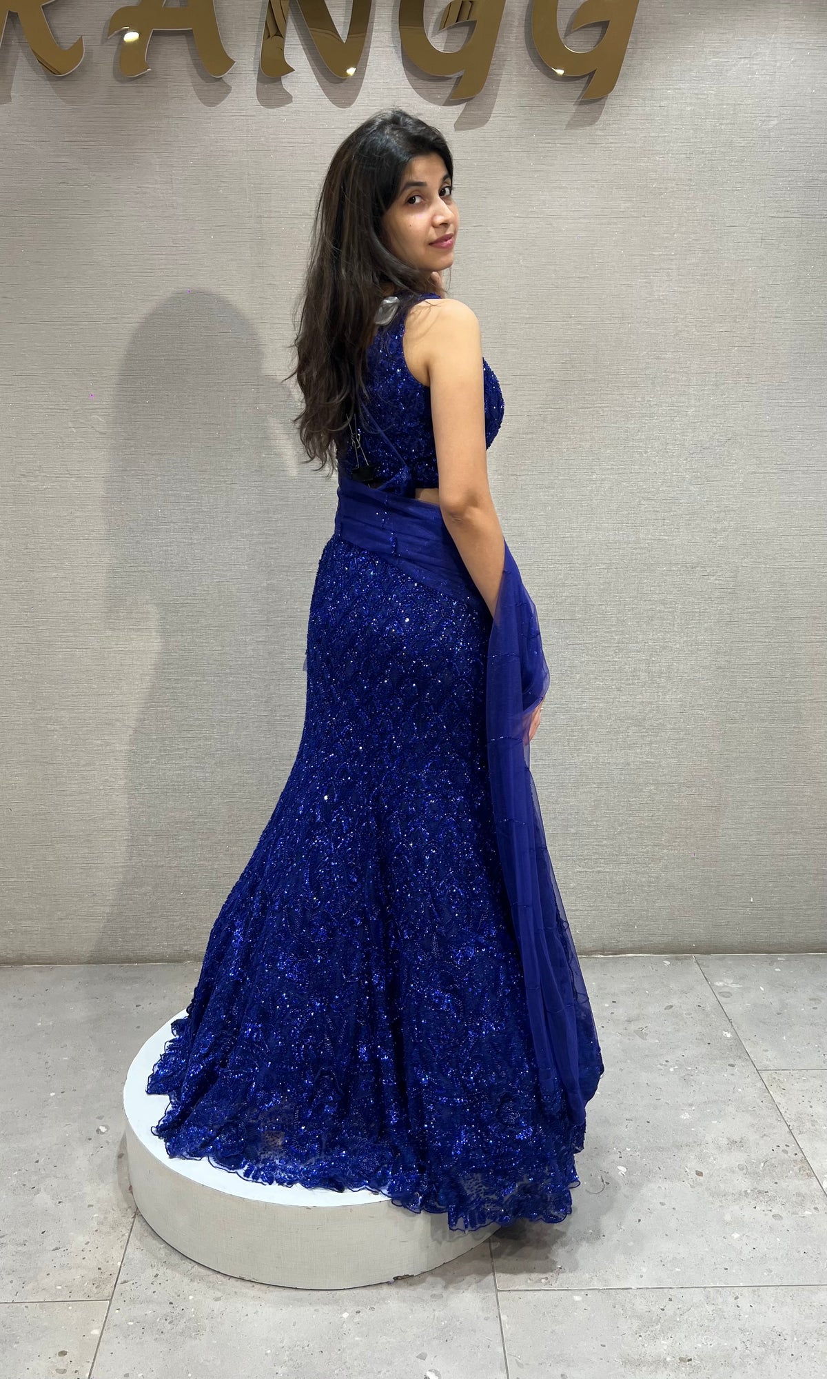 Royal Blue Sequined fish cut Lehenga Set with net dupatta
