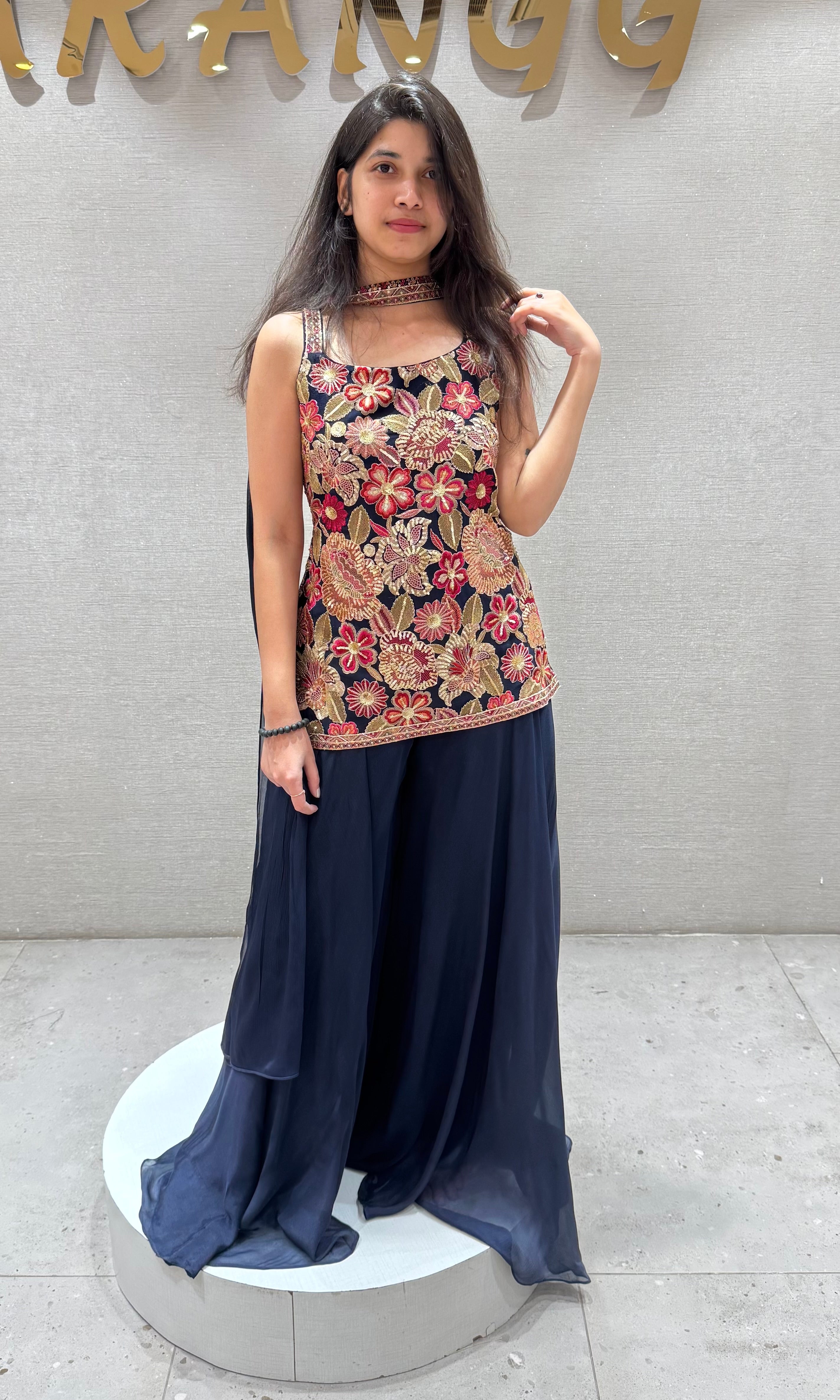 Navy blue FLORAL SHARARA SET