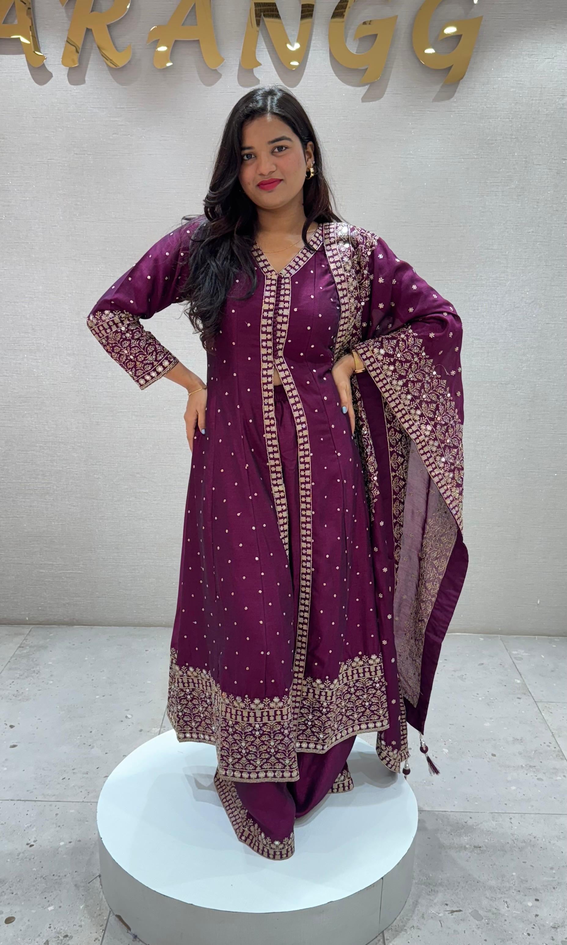 Wine FRONT SLIT EMBROIDERED ANARKALI