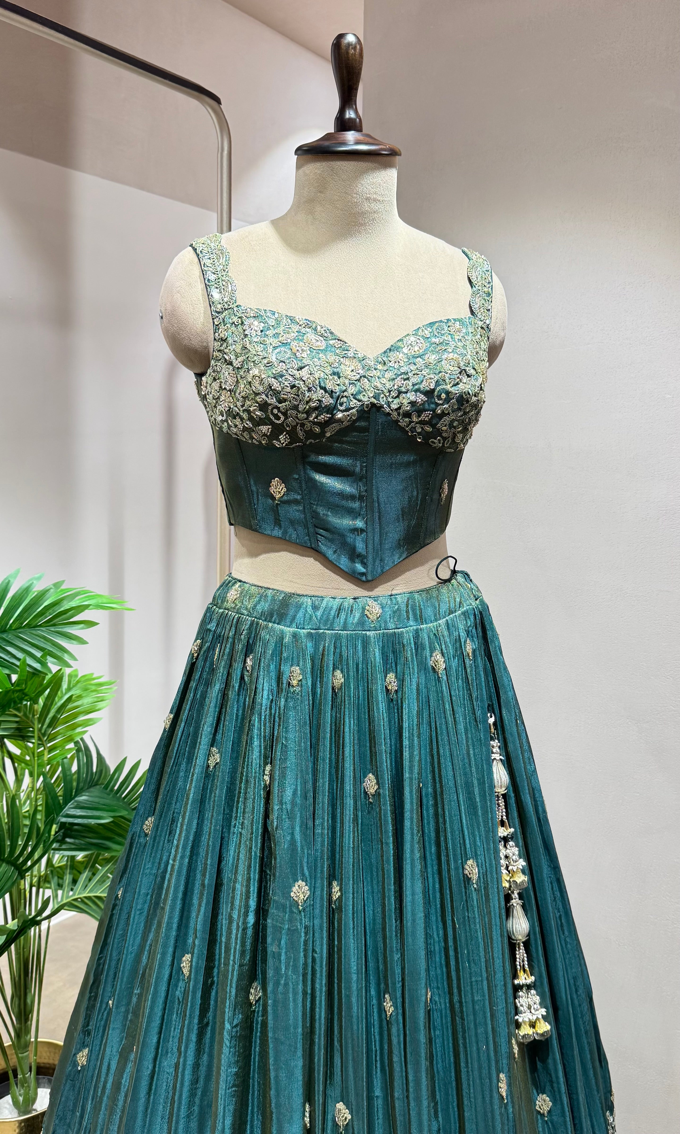 Green EMBROIDERED Lehenga with Embellished Corset Blouse