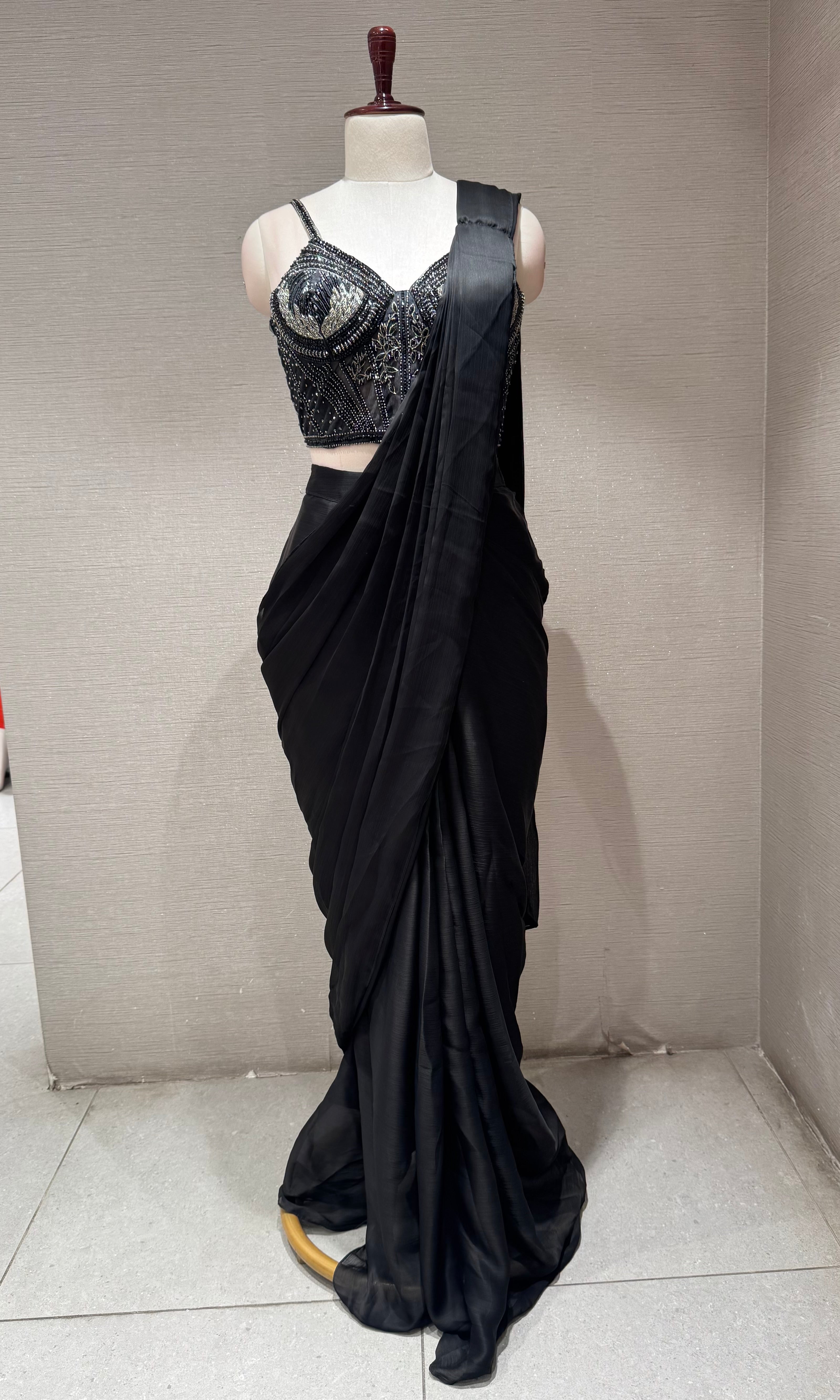 Black Draped Saree with Corset Silver Blouse