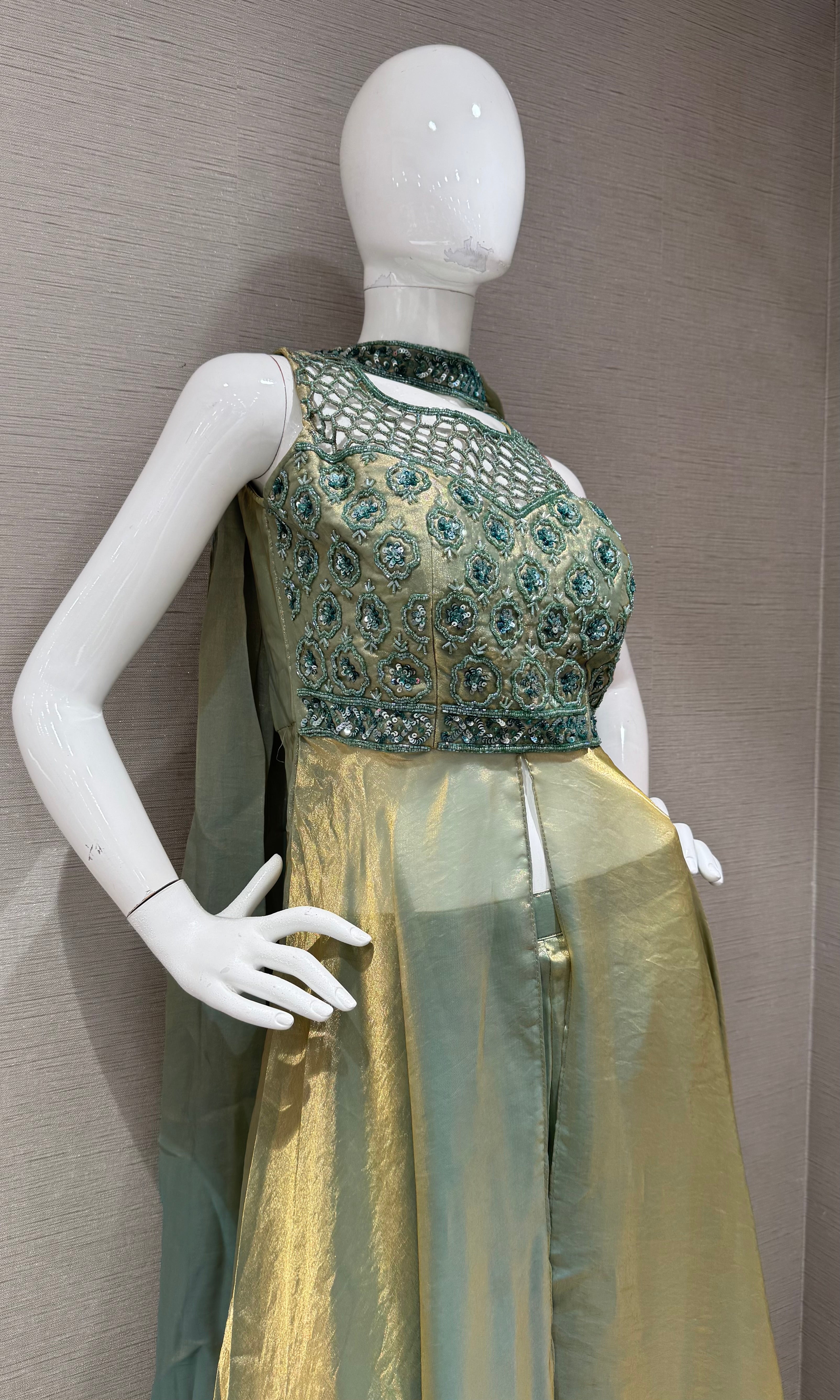 Pista green shimmer front slit anarkali palazzo set