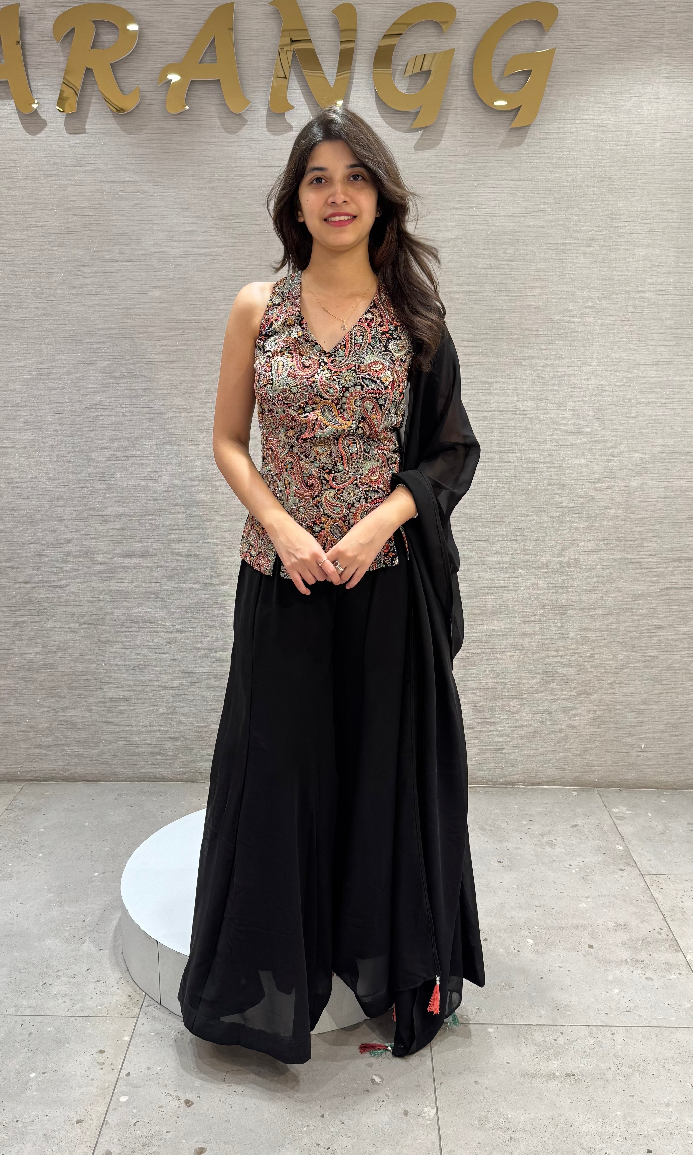 Black Floral Print Peplum palazzo set