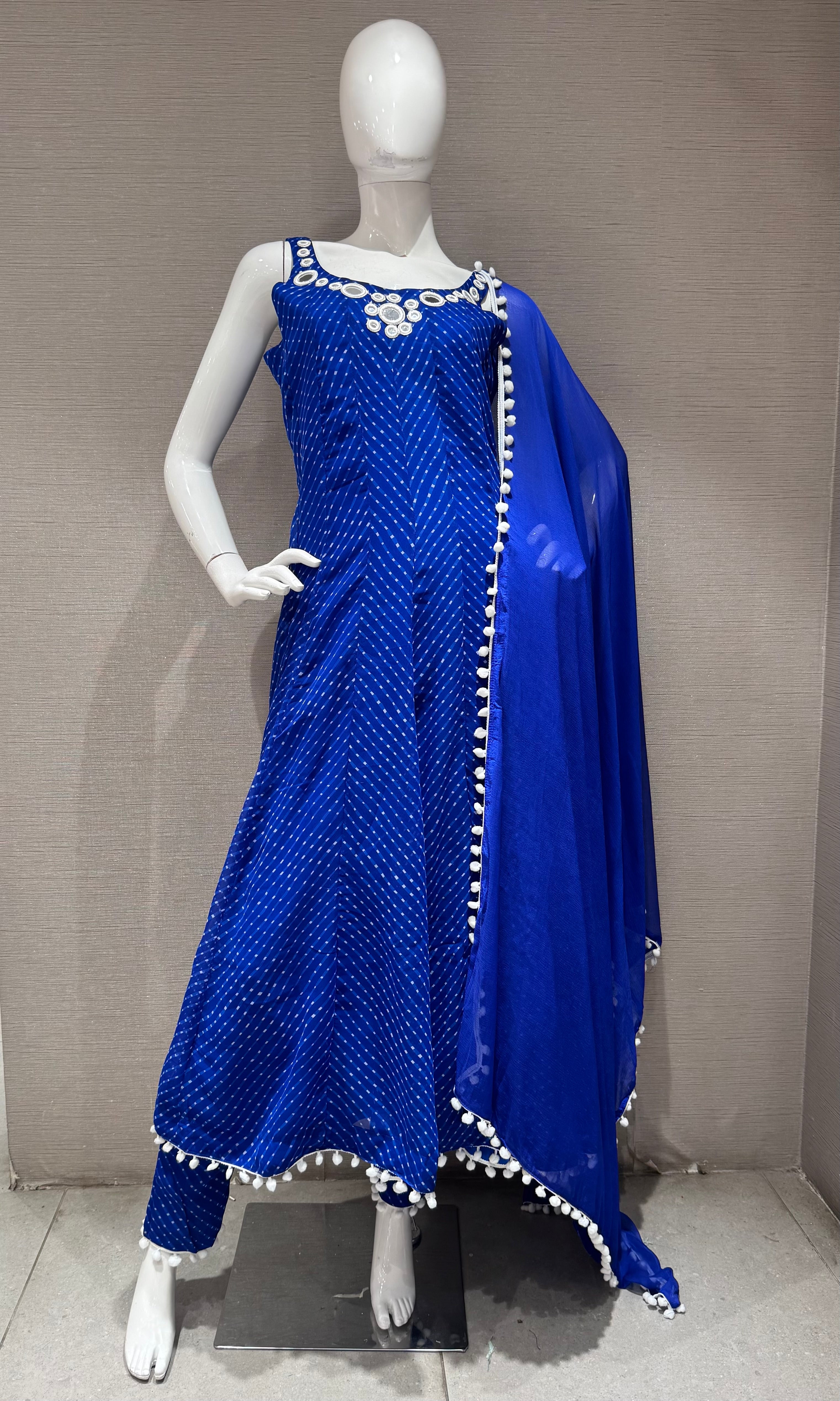 Blue bandhani print and intricate mirror anarkali set