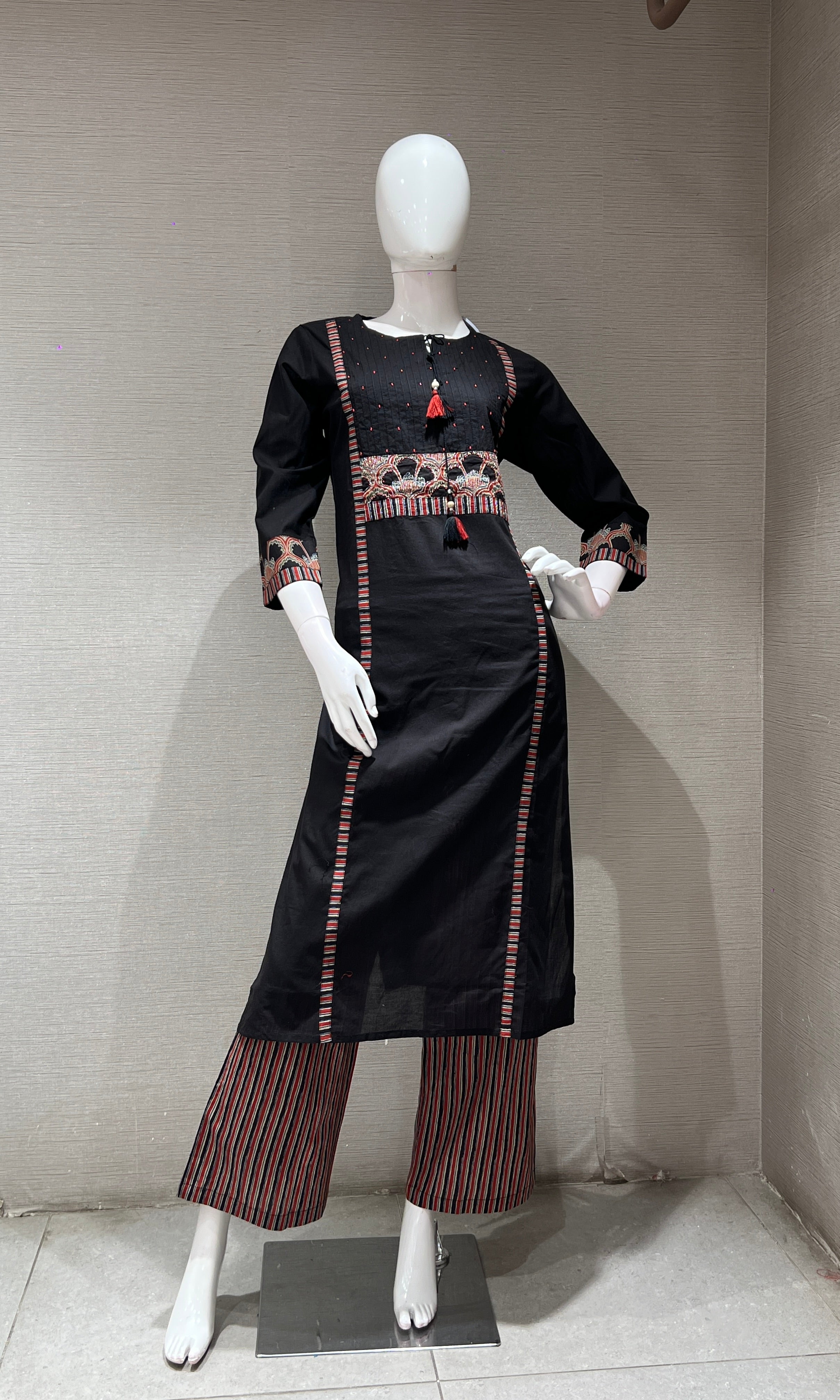 Black A LINE EMBROIDERED KURTA SET
