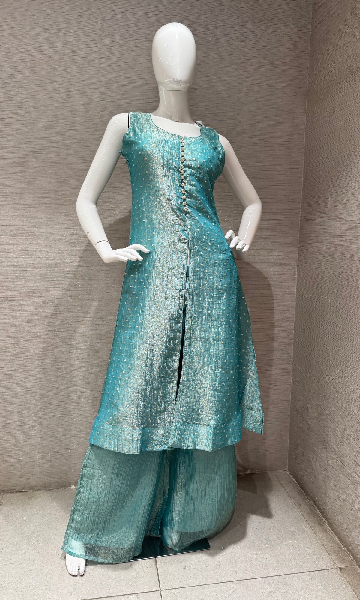 Blue Shimmer Anarkali Set with Sheer Dupatta