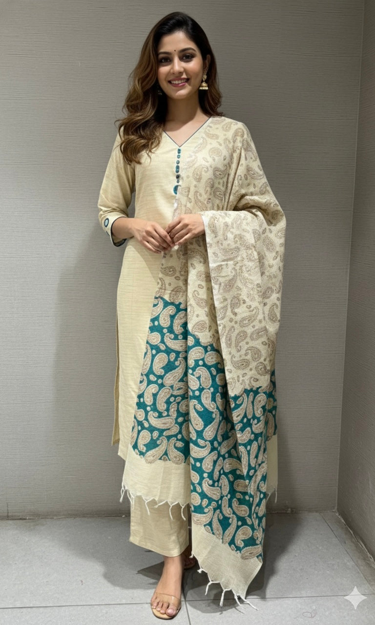 Cream KURTA SET WITH DUPATTA