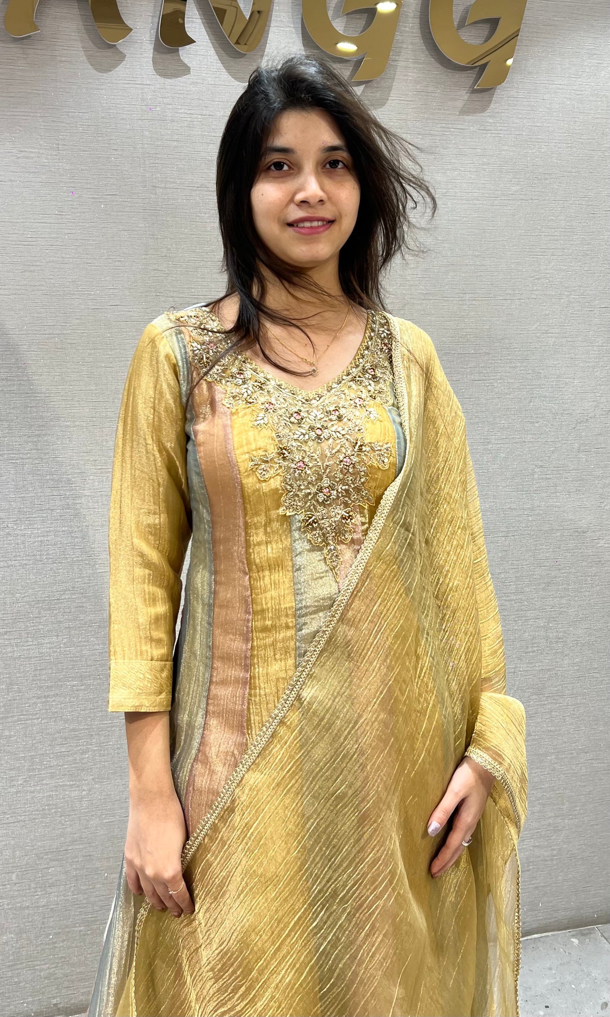 Gold Tissue silk anarkali set with dupatta