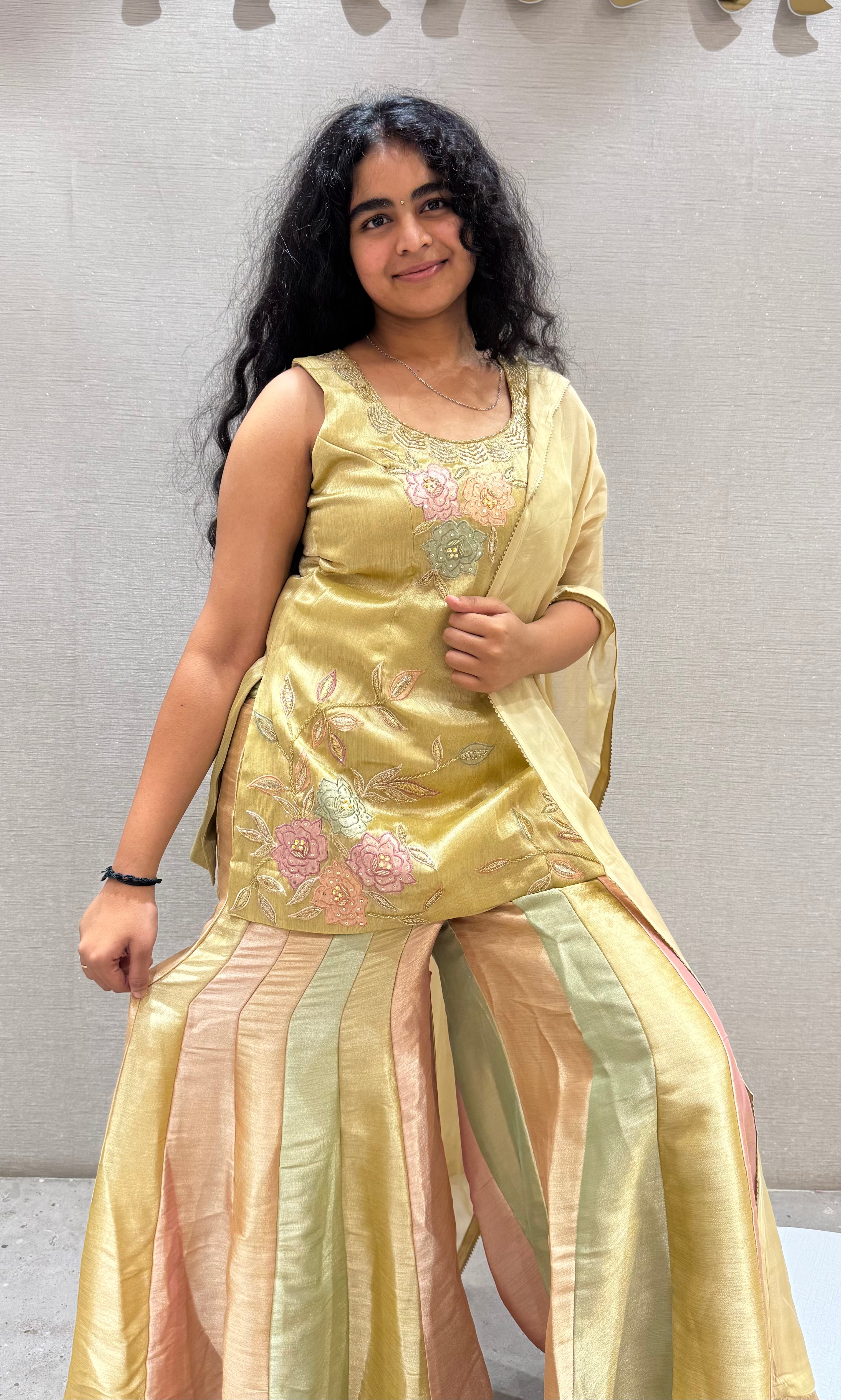 GOLD Tissue Silk Sharara with Floral Embroidery