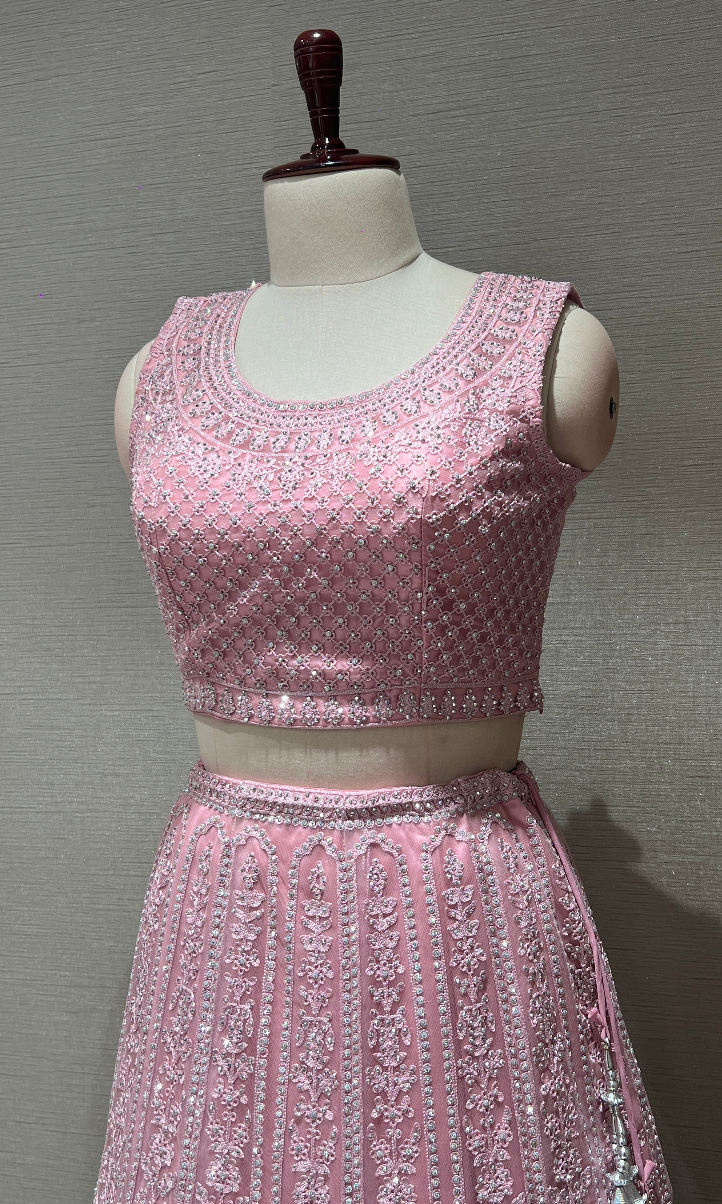 blush pink net intricate embroidered Lehenga