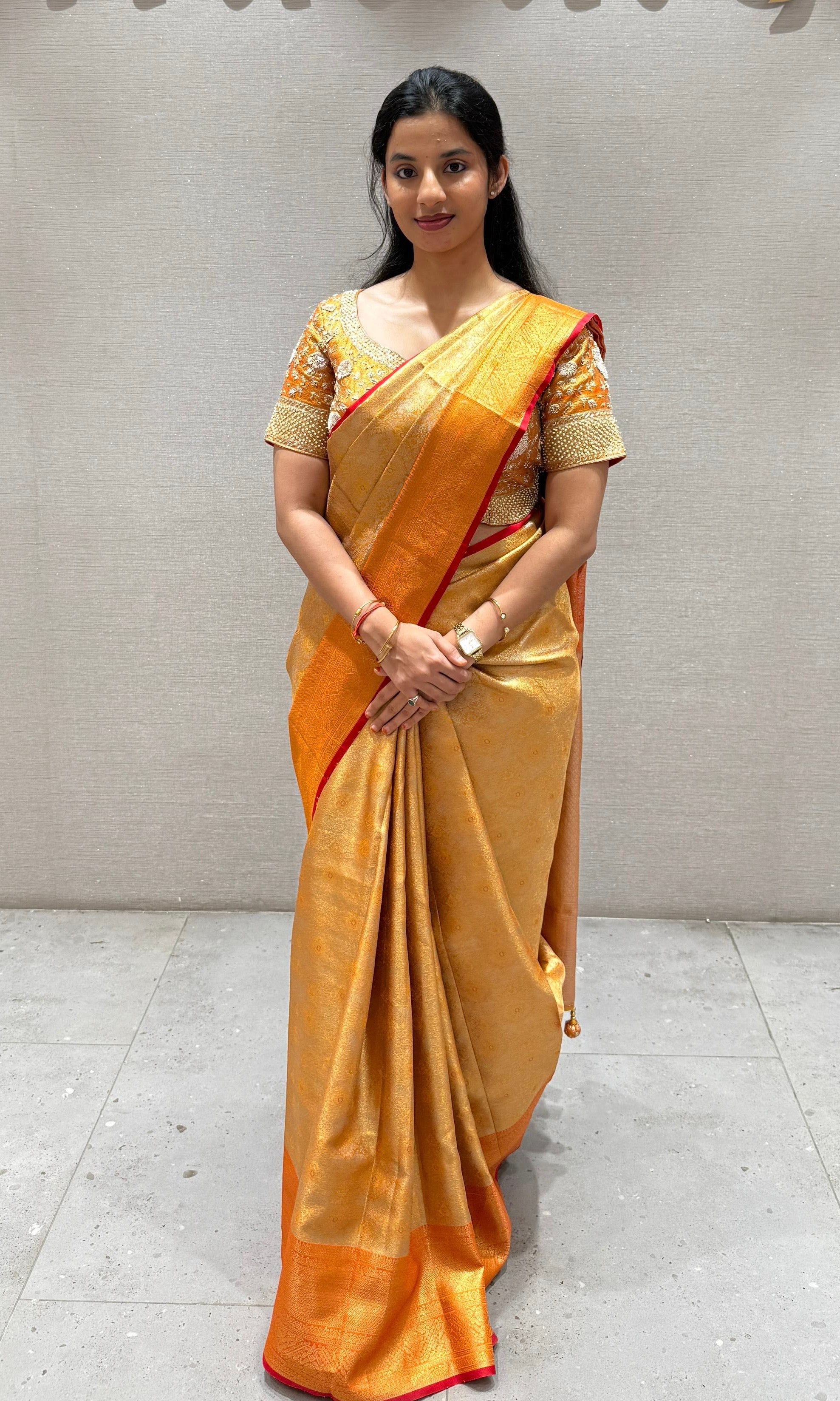 Orange  pattu saree with ready blouse