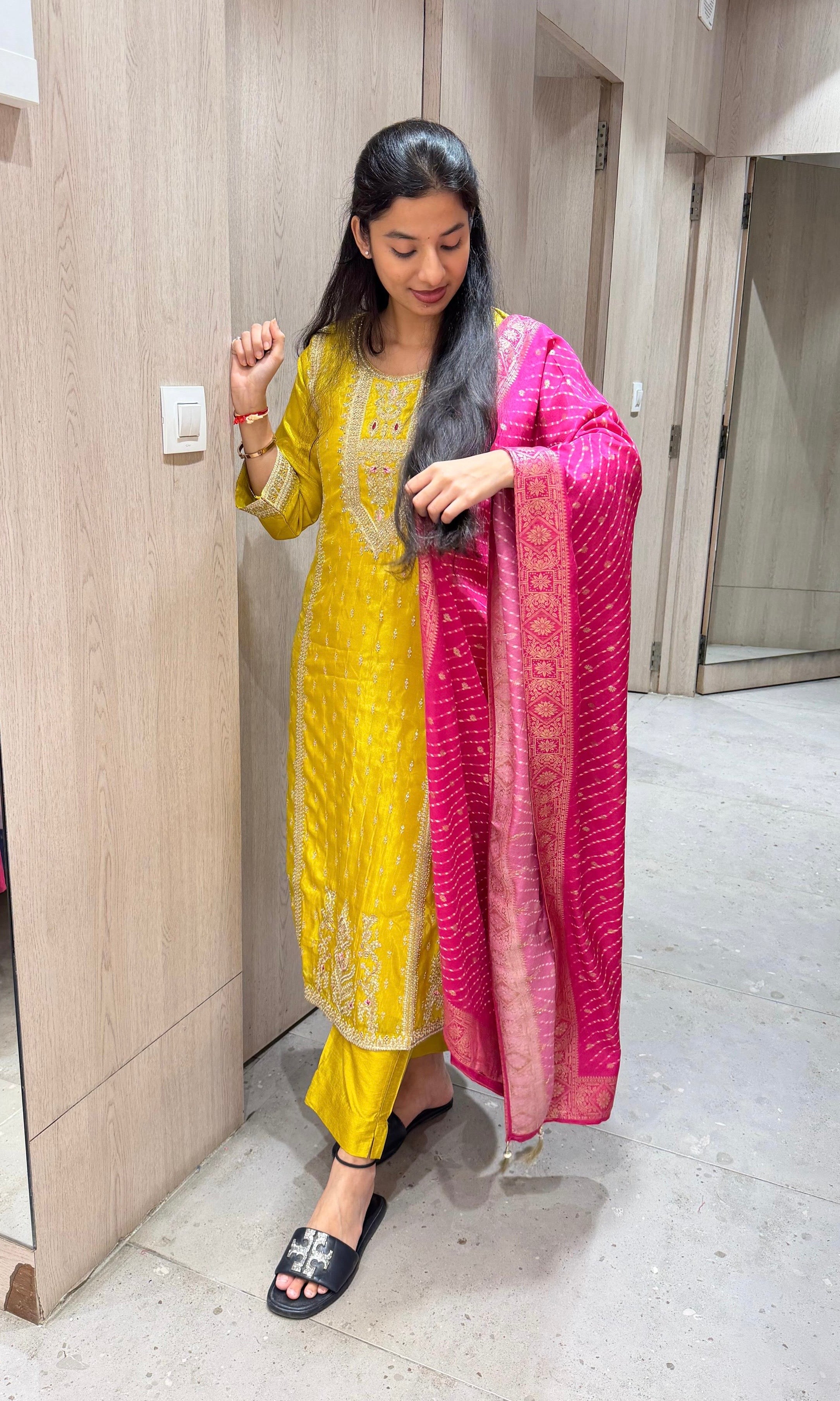 Yellow kurta set WITH CONTRAST PINK DUPATTA