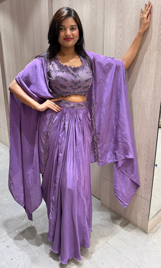 💜L Purple 3 piece Indo western dress with cape💜