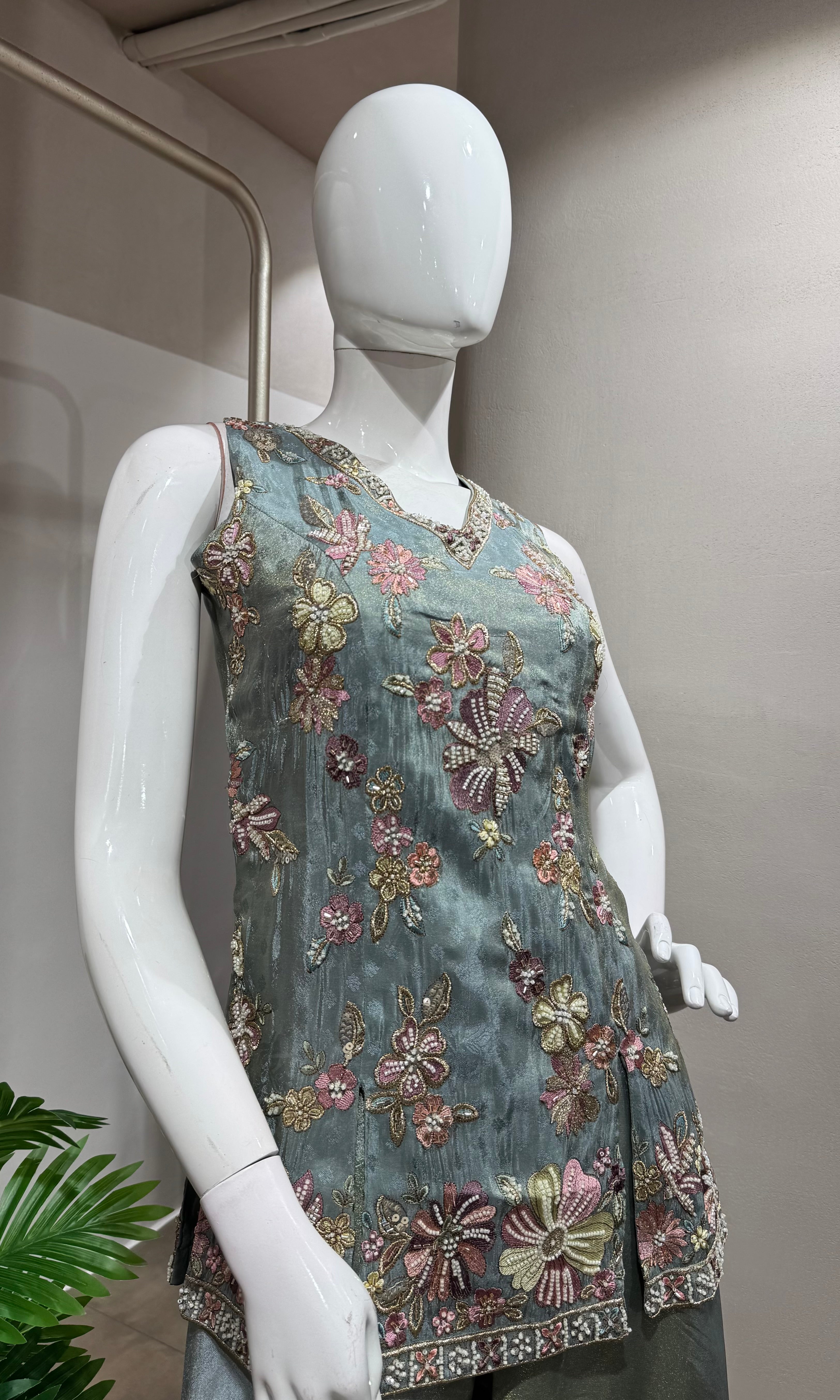green Tissue Sharara Set with Floral Embroidery