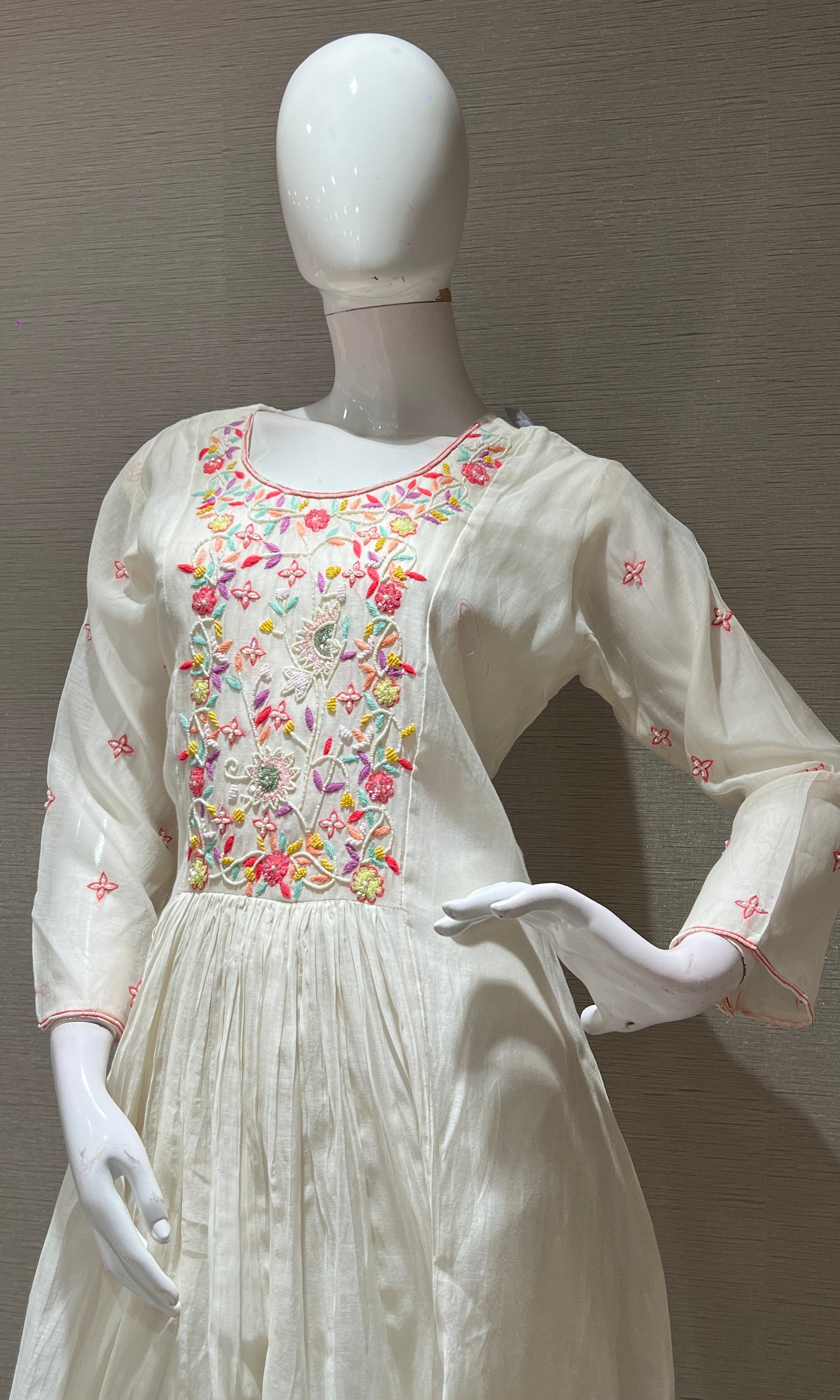 Half white floral bead work mul chanderi kurta set