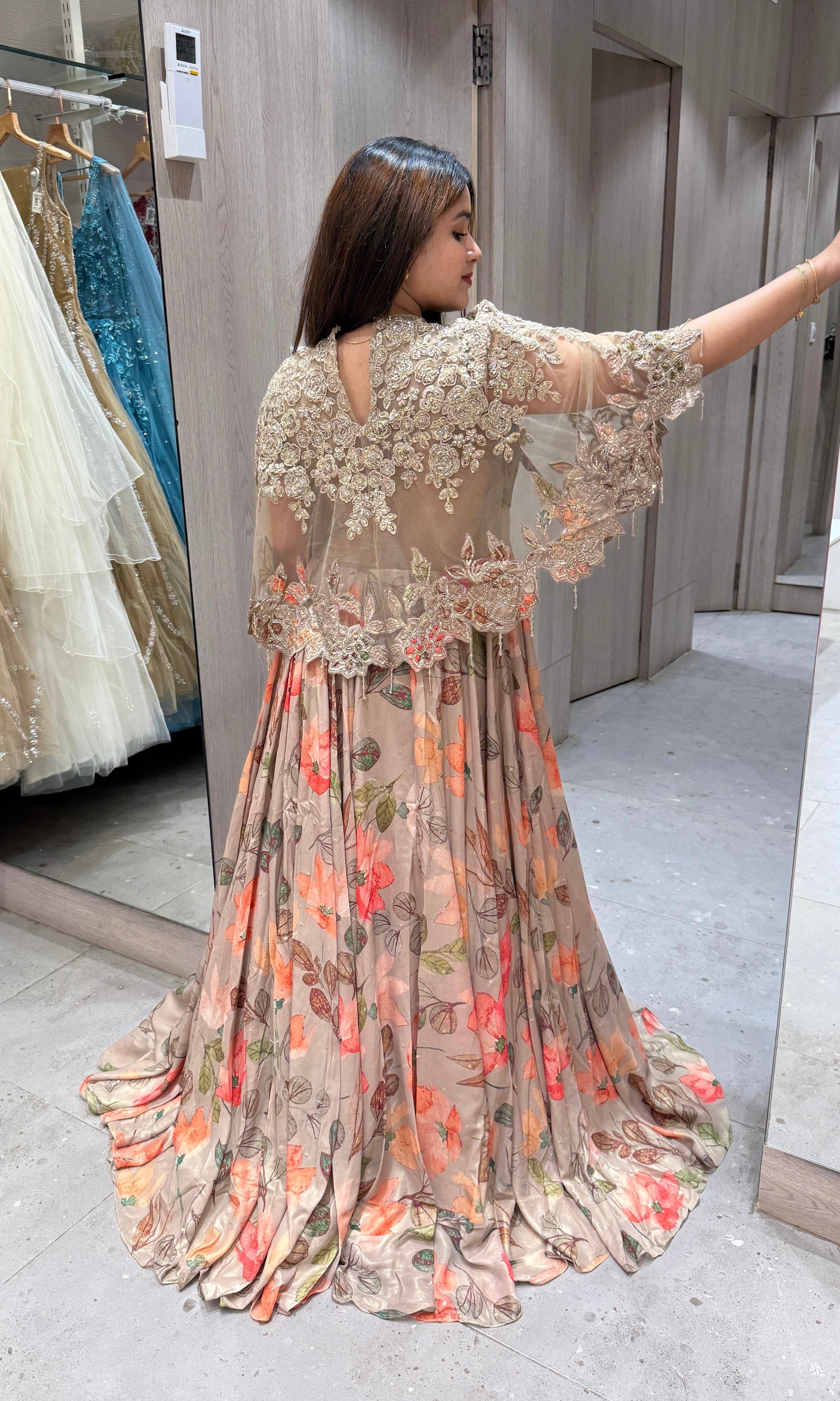 Brown floral with over coat Lehenga