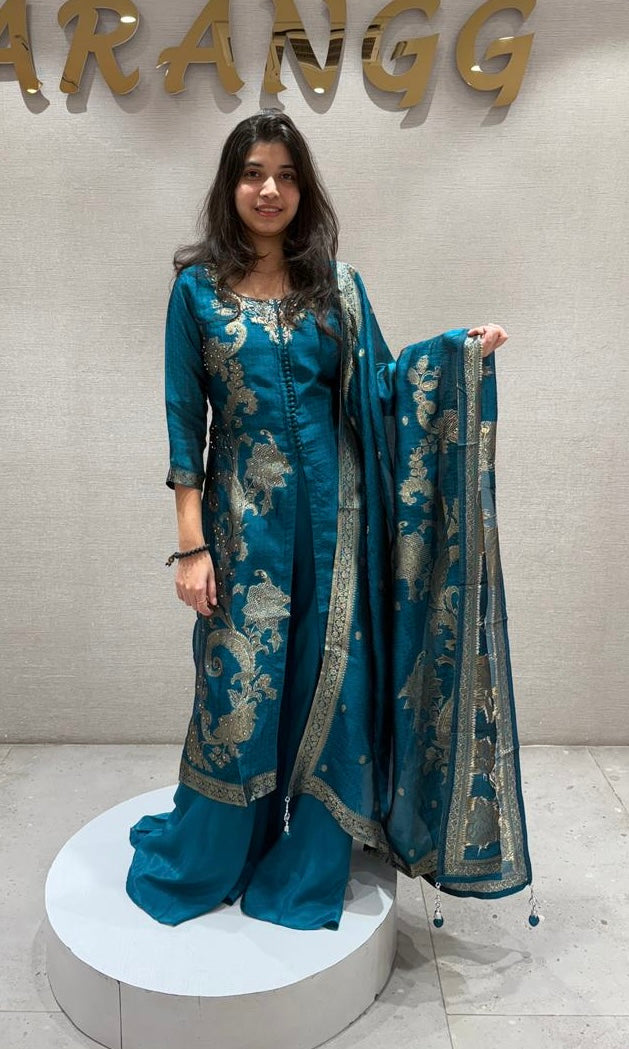 Peacock blue front silt Anarkali