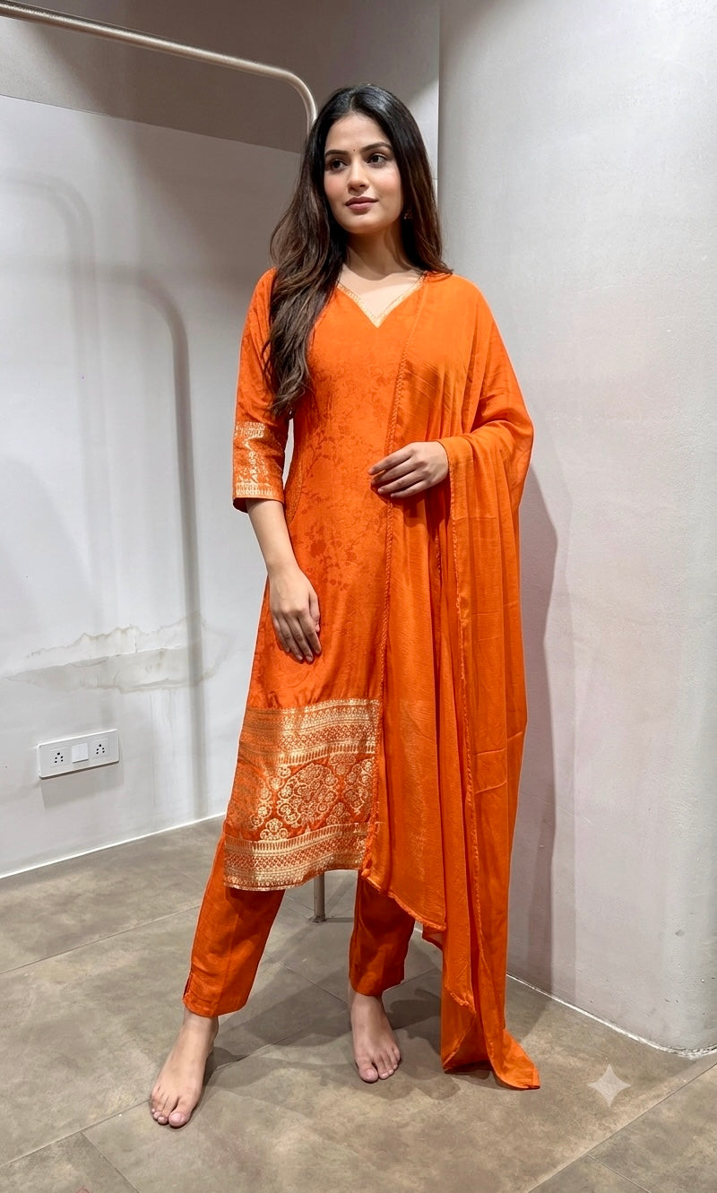 Orange Silk Straight Kurta Set with Gold Border