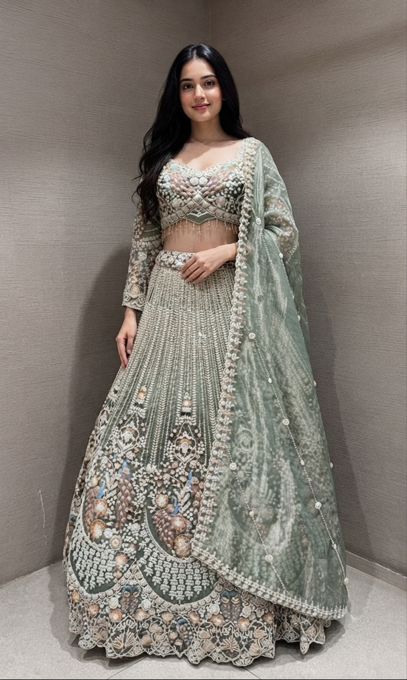 Pista Green Embroidered Bridal Lehenga set
