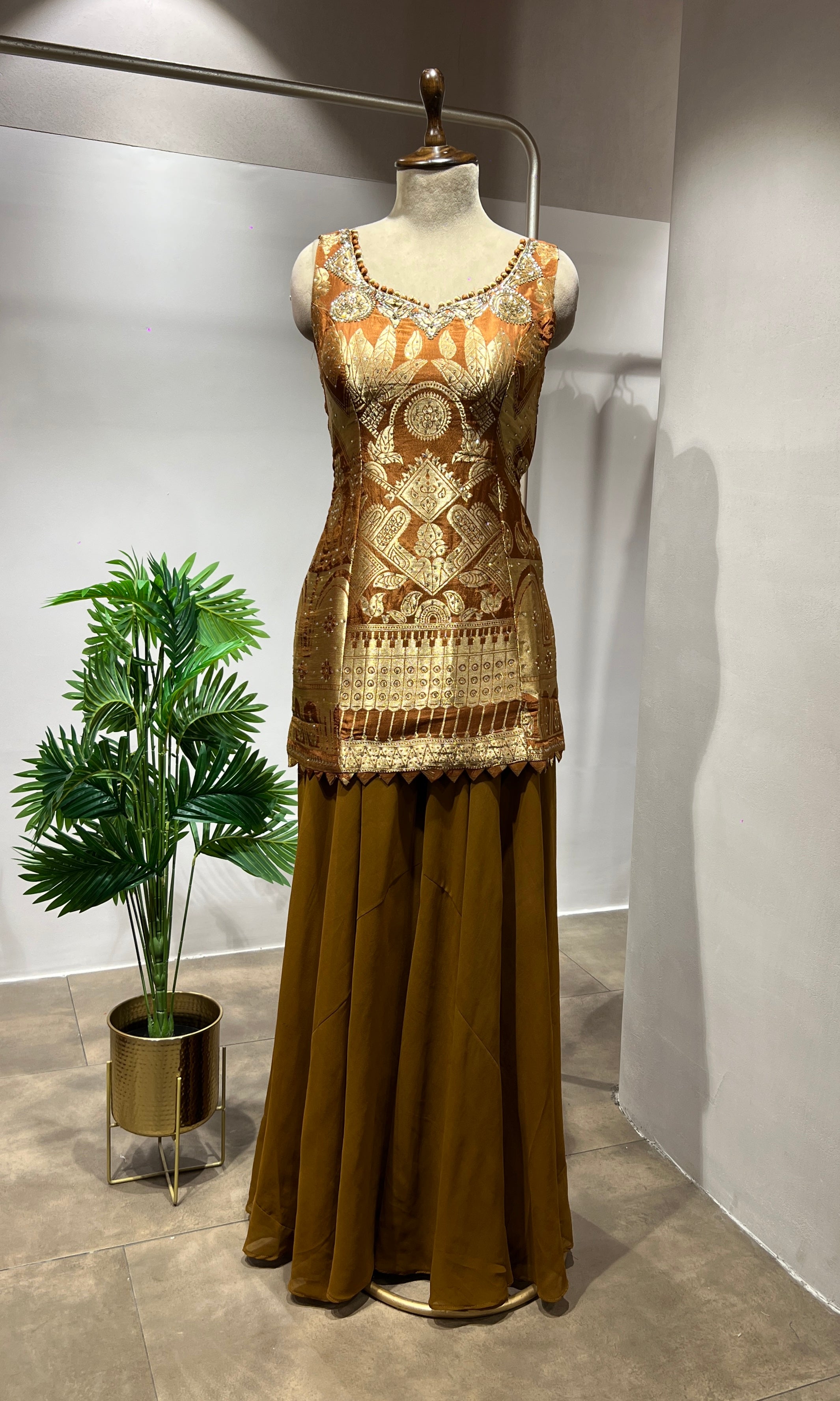 Light brown & Golden Embroidered Sharara Set