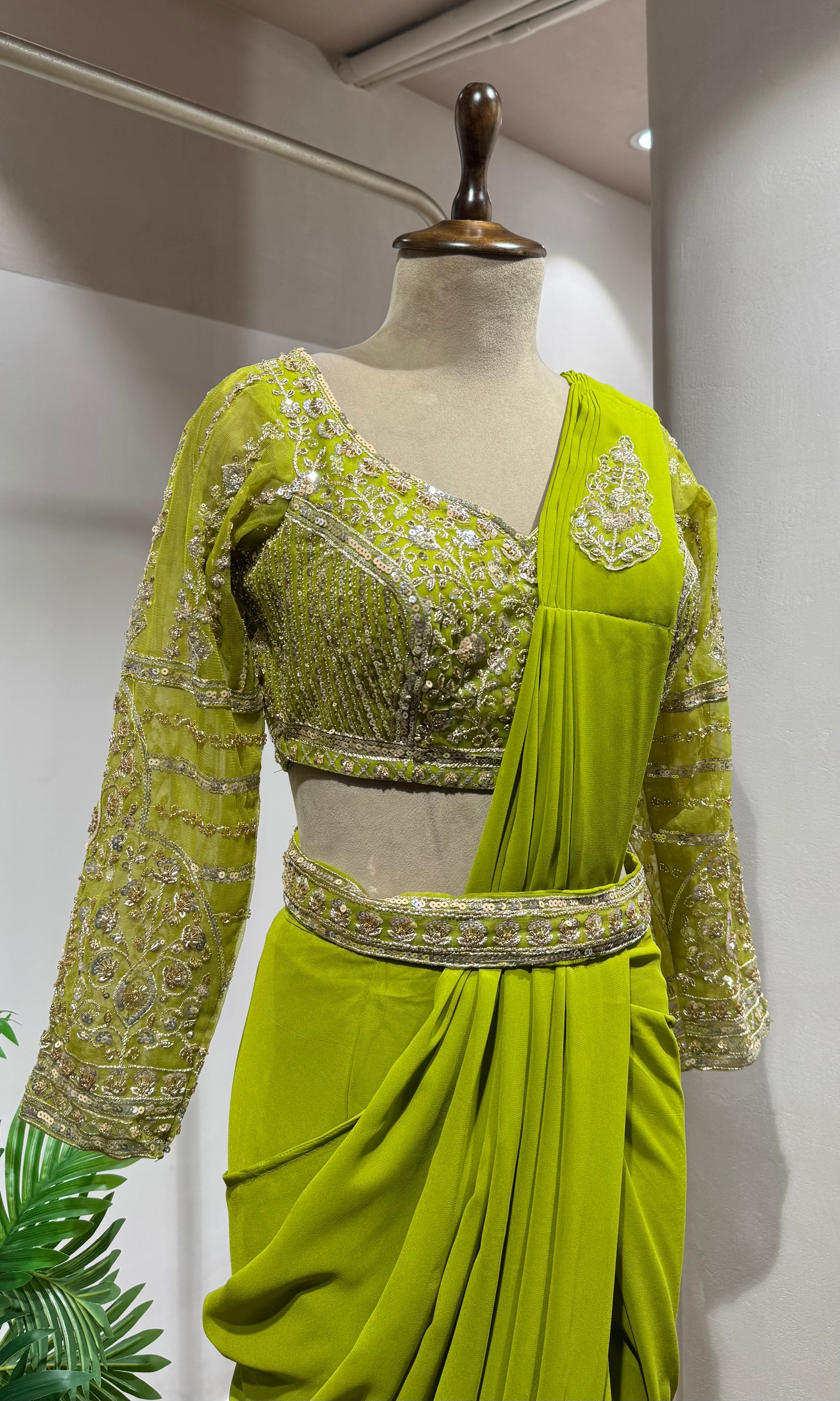 Lime Green Drape Saree WITH BLOUSE & BELT