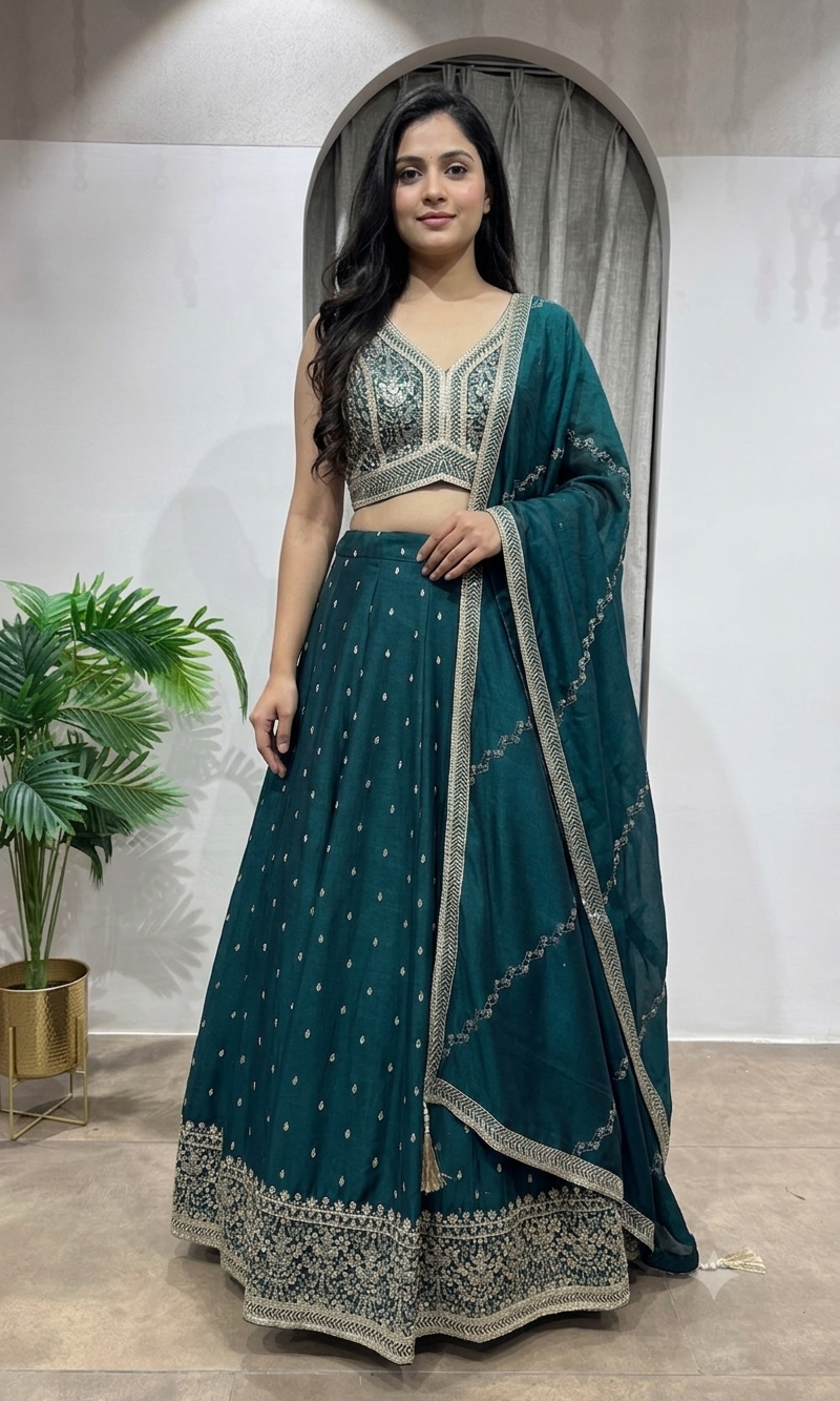 Green Embroidered Lehenga Choli with Sequin