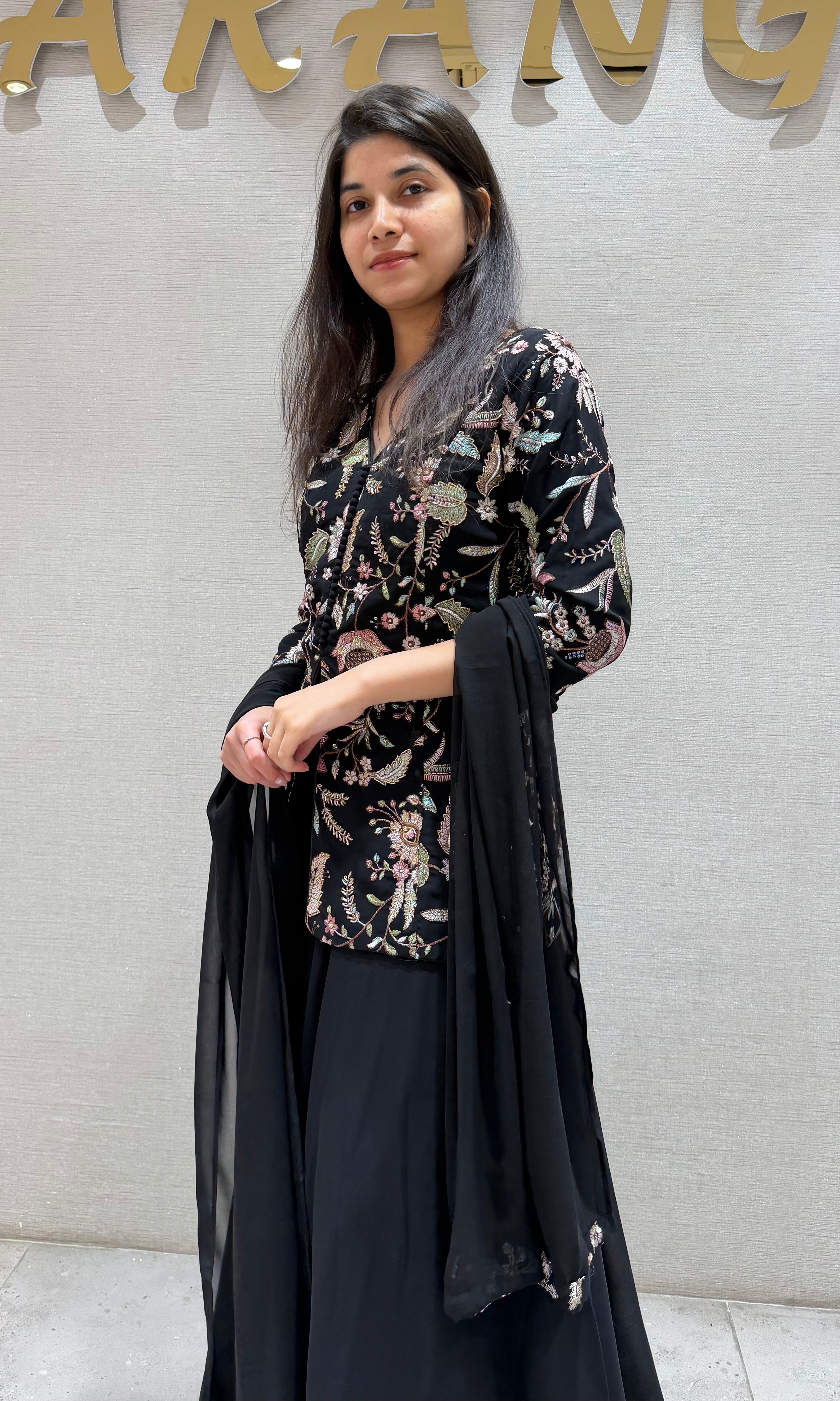 Black FRONT SLIT PEPLUM SHARARA SET