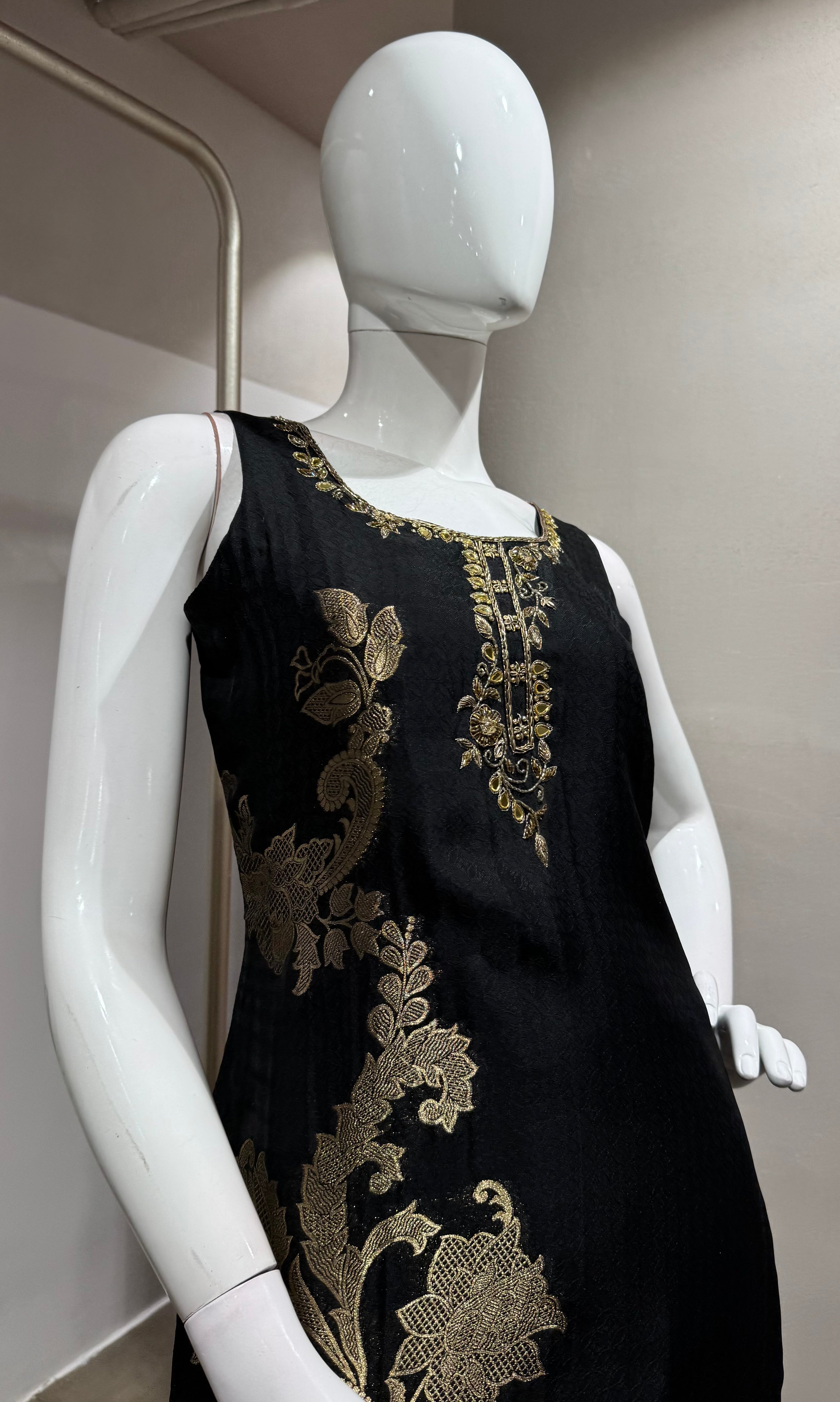 Black Silk Embroidered Straight Cut KURTA SET