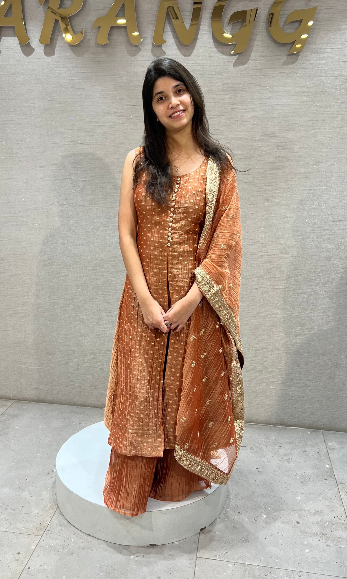 Rust Orange Embroidered Anarkali Set with Sheer Dupatta