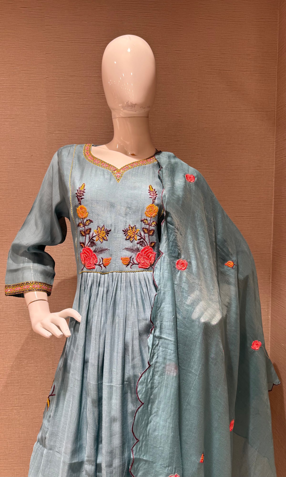 Blue Floral mul chanderi kurta set with dupatta