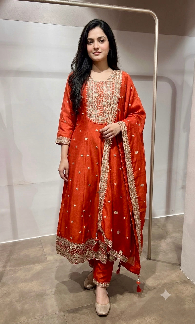 Rust gold embroidered Anarkali set