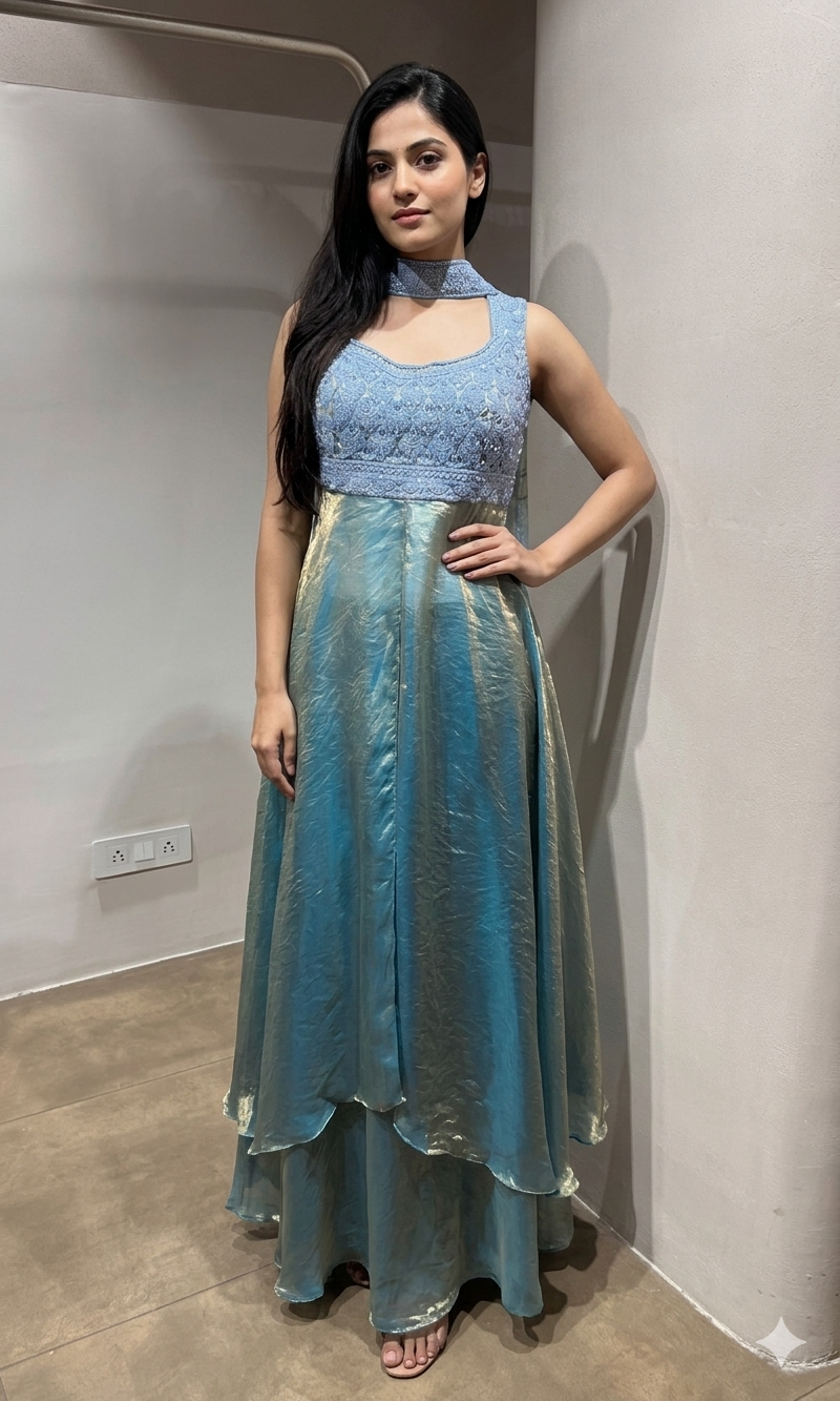Sea Blue A-Line Shimmer Tissue Palazzo Set