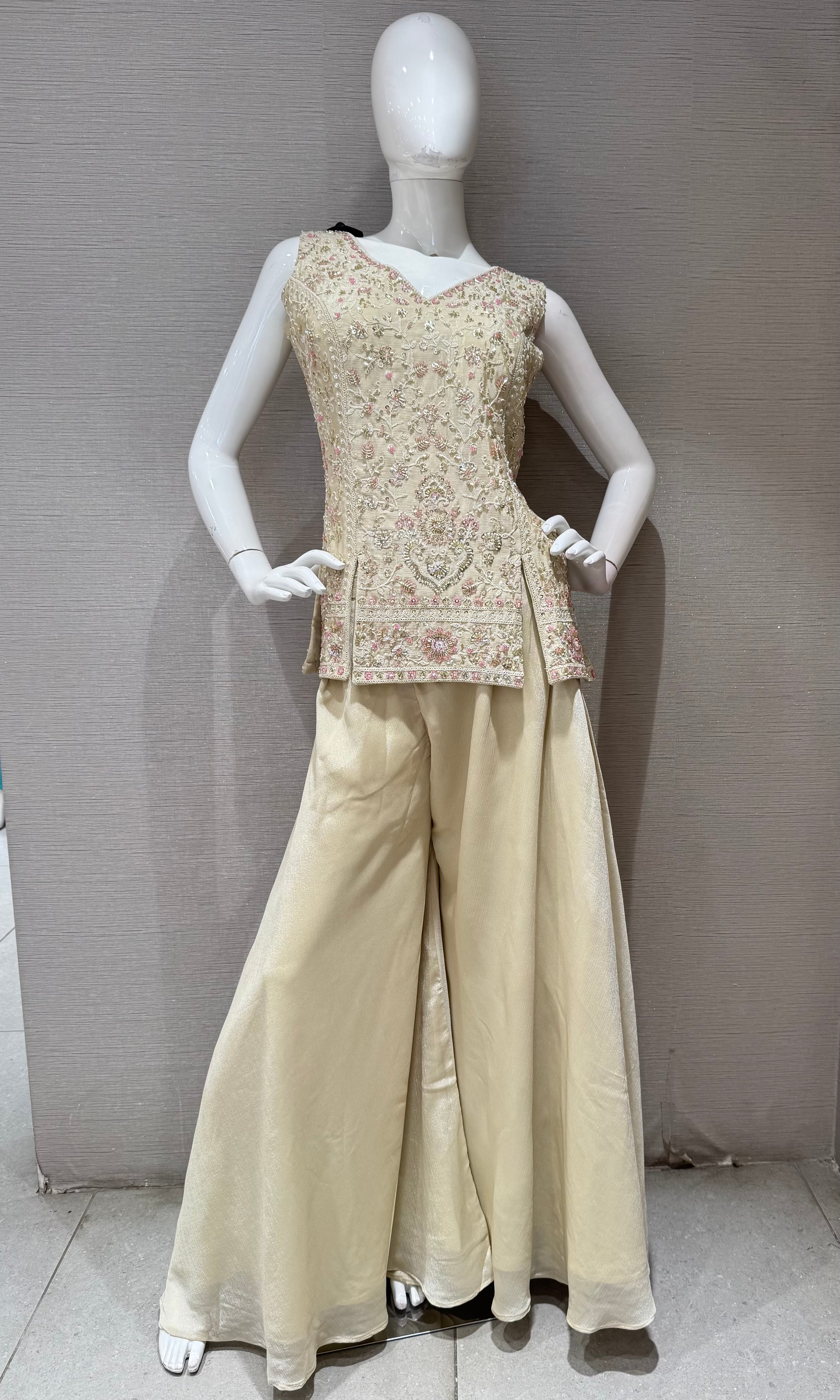 Cream Floral embroidered peplum palazzo set