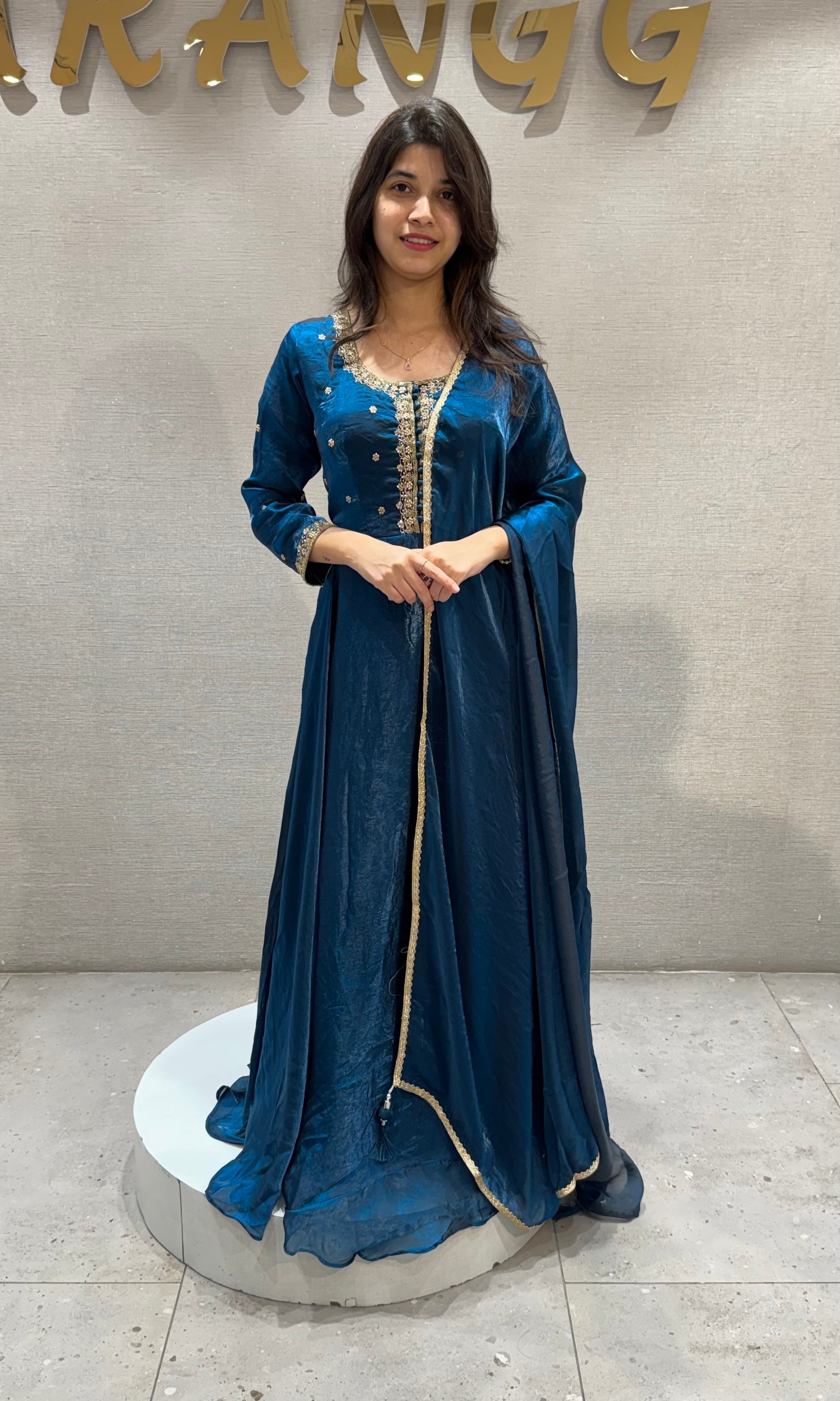 Teal Blue Embroidered Flared Anarkali Set with Dupatta