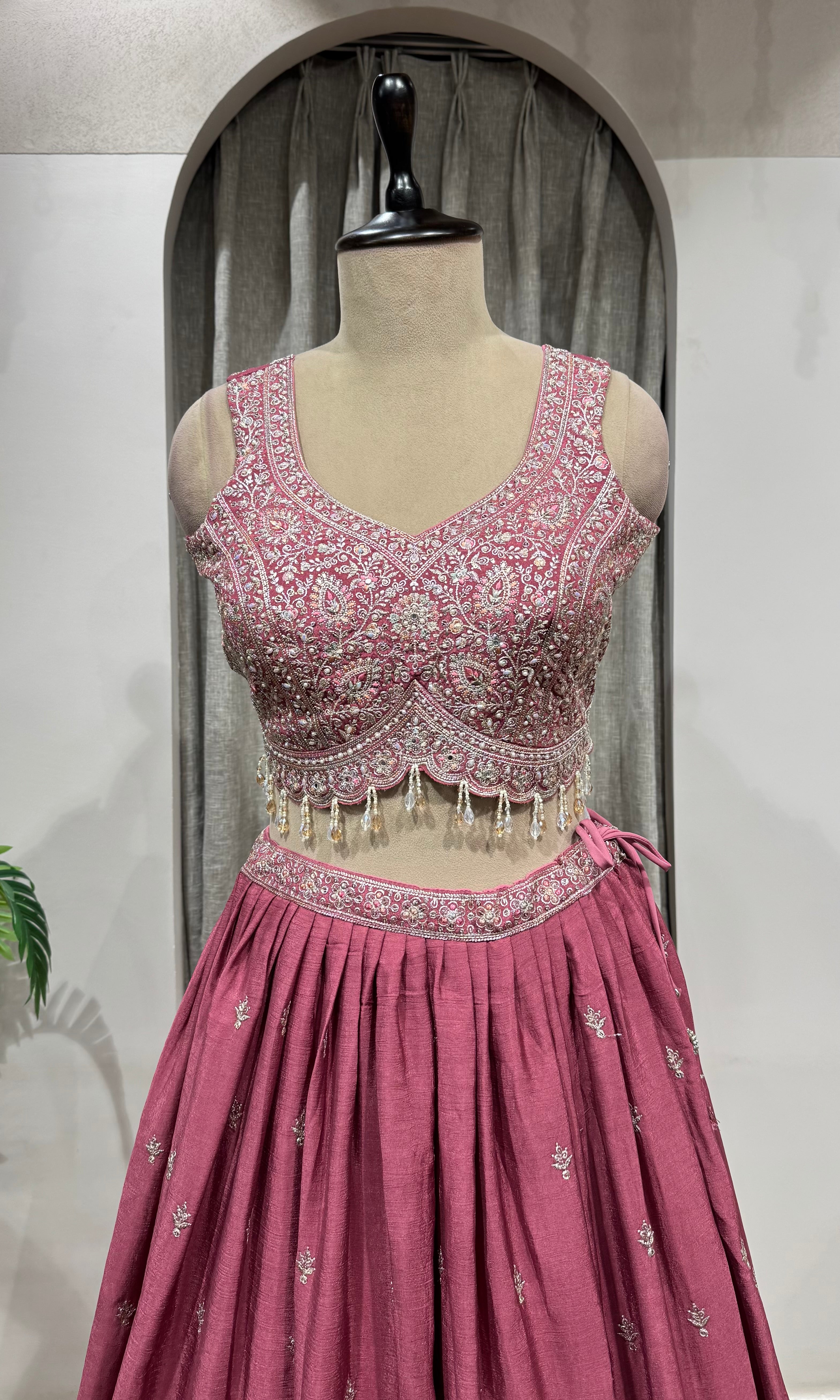 PINK Flared Lehenga Choli with Border Embroidery