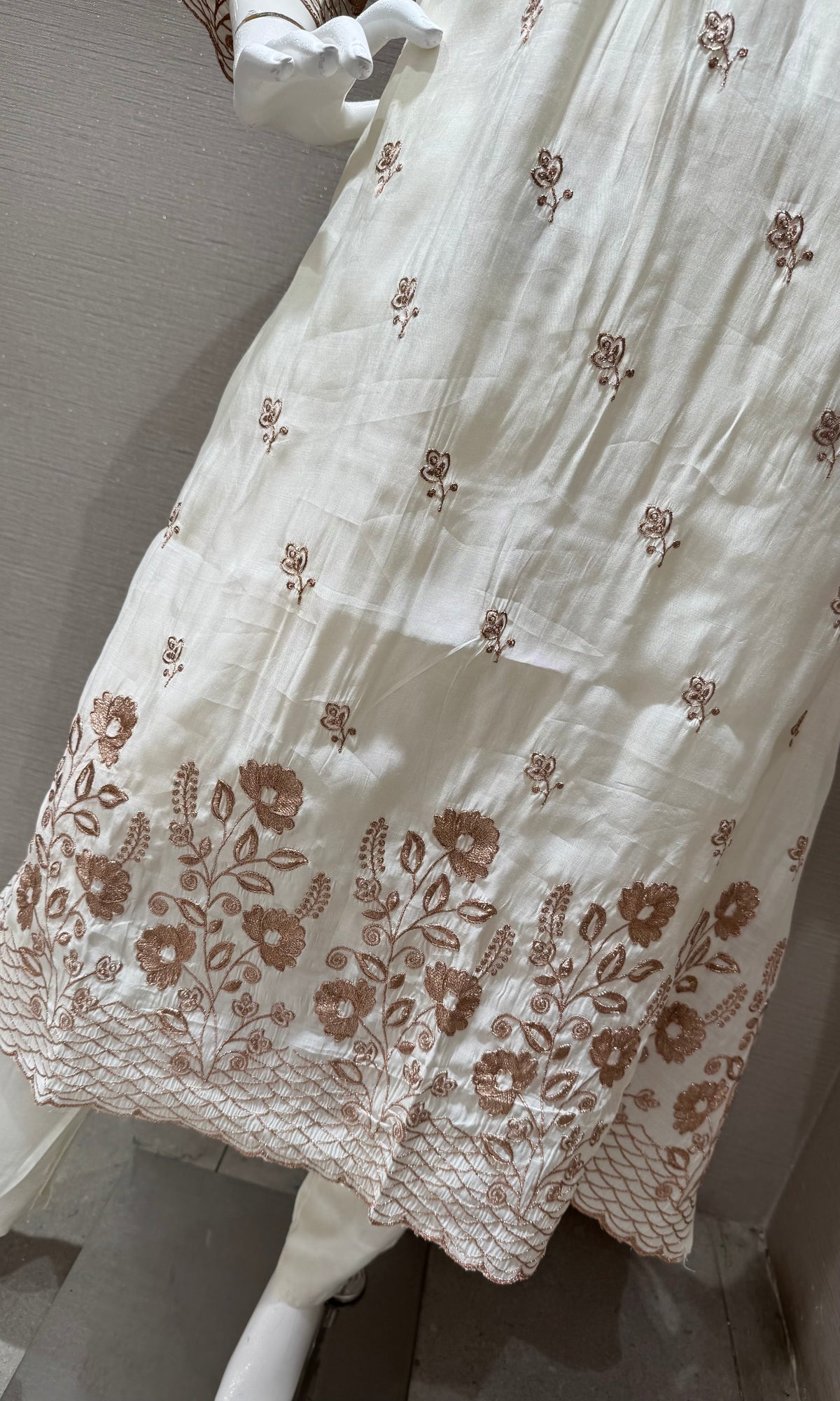 White golden floral a line kurta set with dupatta