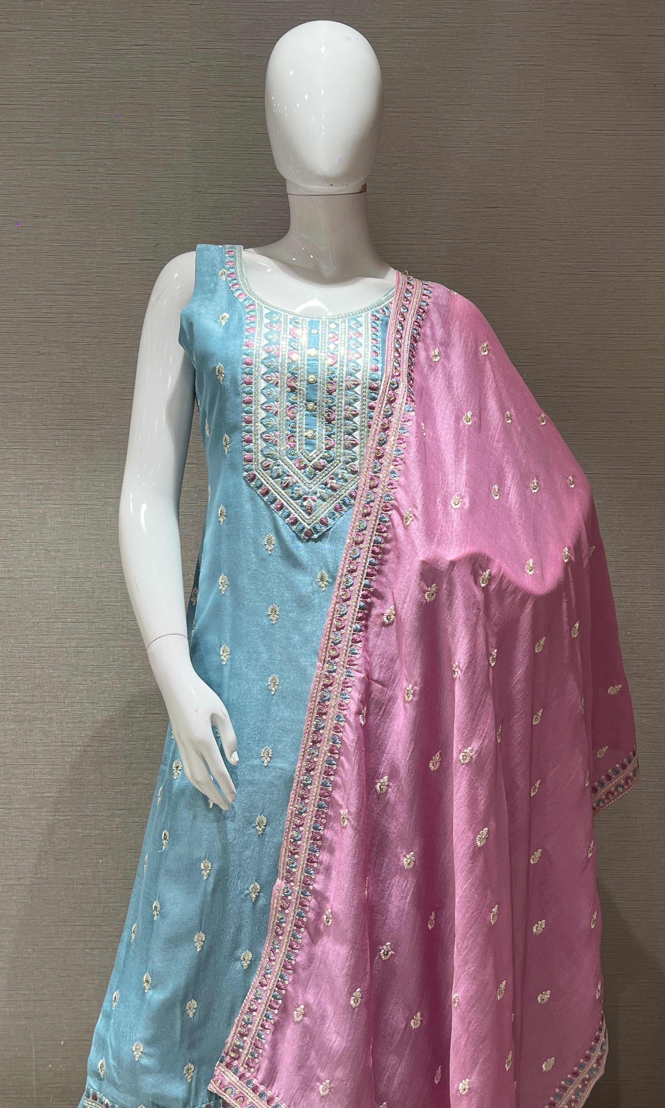 SEA blue kurta set with a pink dupatta